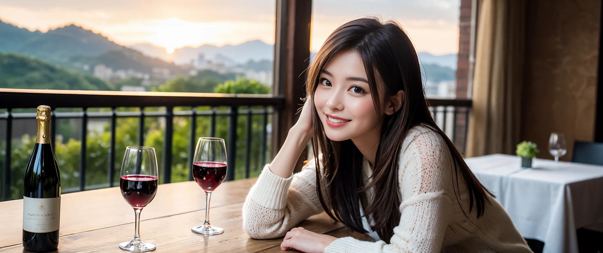 ((highest quality、8k、masterpiece:1.3))、Sharp focus:1.2、Beautiful woman perfect body:1.4、slimなボディ、((Bob Hale、Straight hair:1.2))、(to be born, highest quality, masterpiece:1.5), (Realistic, Intricate details:1.2), Ultra-high resolution, Amazing view of the sunset sky and clouds、Amazing mountain views、ニコニコ明るいsmile、smileの素敵な女性、Bright image、2. The beauty of wine, Beautiful Face, blue eyes, The light shines on your face, Blushing, short hair,Bright Face、Fox face、 (36 years old), 39 years old, Lady、red wine 、Appetizers、Italian food、Wine bottle、Champagne、sparkling wine、Two beauties、Brown Hair、Shortcuts、Long sleeve shirt、dress、Pretty Woman 1, (slimな顔), (The body is slim), (Brown Hair), (Shortcuts), cheeks turn a little red,Attractive beauty、, Out of the window, A beautiful and detailed night view unfolds.........., restaurant, In a prominent place (From the waist up) Nova Frog Style, actress, model, Upper Body, White wine, slim, wine glass, 真ん中に置かれたwine glass, smile, (smile: 1.15), Beautiful fine grain, Depth f/2,saturation, High Contrast, Strong light and shadow,Moist Body:1.5、3D texture、Delicate eyes、Brown Hair、The hair is very shiny、