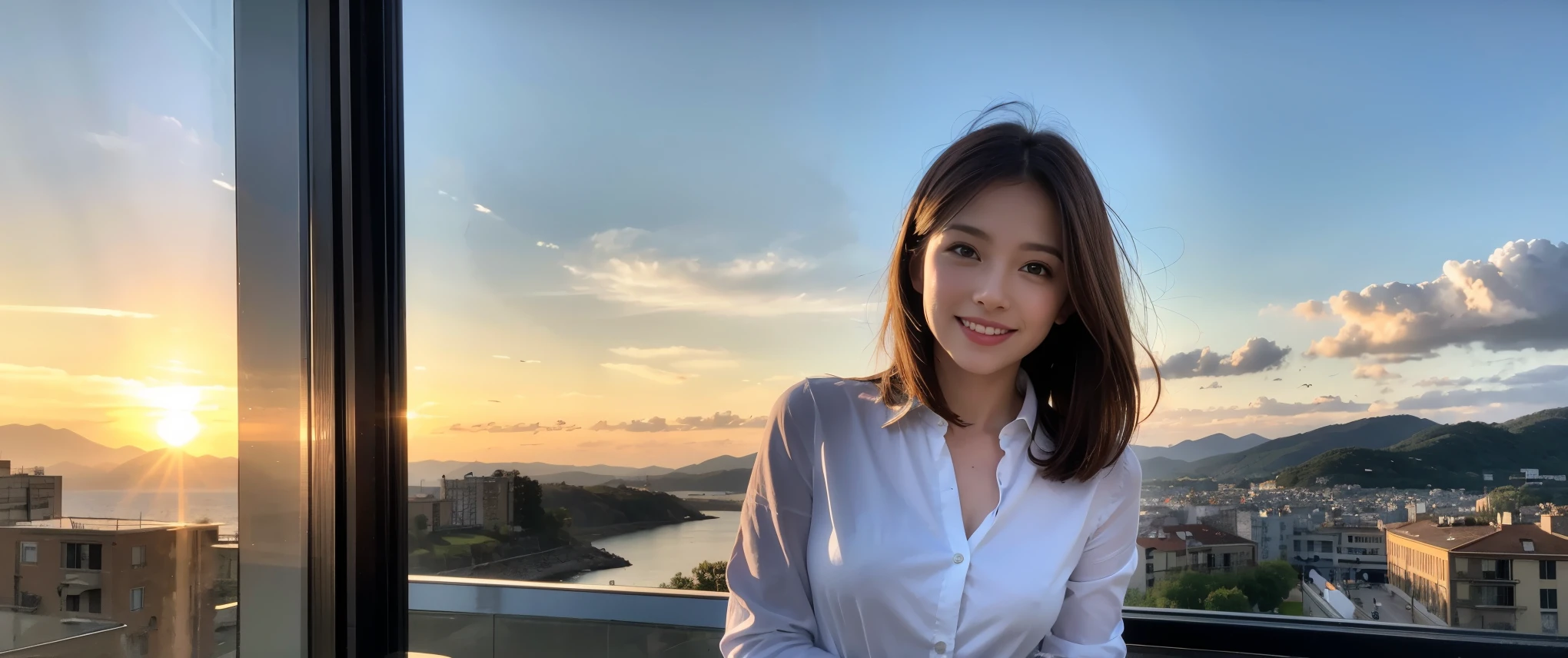 ((highest quality、8k、masterpiece:1.3))、Sharp focus:1.2、Beautiful woman perfect body:1.4、slimなボディ、((Bob Hale、Straight hair:1.2))、(to be born, highest quality, masterpiece:1.5), (Realistic, Intricate details:1.2), Ultra-high resolution, Amazing view of the sunset sky and clouds、Amazing mountain views、ニコニコ明るいsmile、smileの素敵な女性、Bright image、2. The beauty of wine, Beautiful Face, blue eyes, The light shines on your face, Blushing, short hair,Bright Face、Fox face、 (36 years old), 39 years old, Lady、red wine 、Appetizers、Italian food、Wine bottle、Champagne、sparkling wine、Two beauties、Brown Hair、Shortcuts、Long sleeve shirt、dress、Pretty Woman 1, (slimな顔), (The body is slim), (Brown Hair), (Shortcuts), cheeks turn a little red,Attractive beauty、, Out of the window, A beautiful and detailed night view unfolds.........., restaurant, In a prominent place (From the waist up) Nova Frog Style, actress, model, Upper Body, White wine, slim, wine glass, 真ん中に置かれたwine glass, smile, (smile: 1.15), Beautiful fine grain, Depth f/2,saturation, High Contrast, Strong light and shadow,Moist Body:1.5、3D texture、Delicate eyes、Brown Hair、The hair is very shiny、