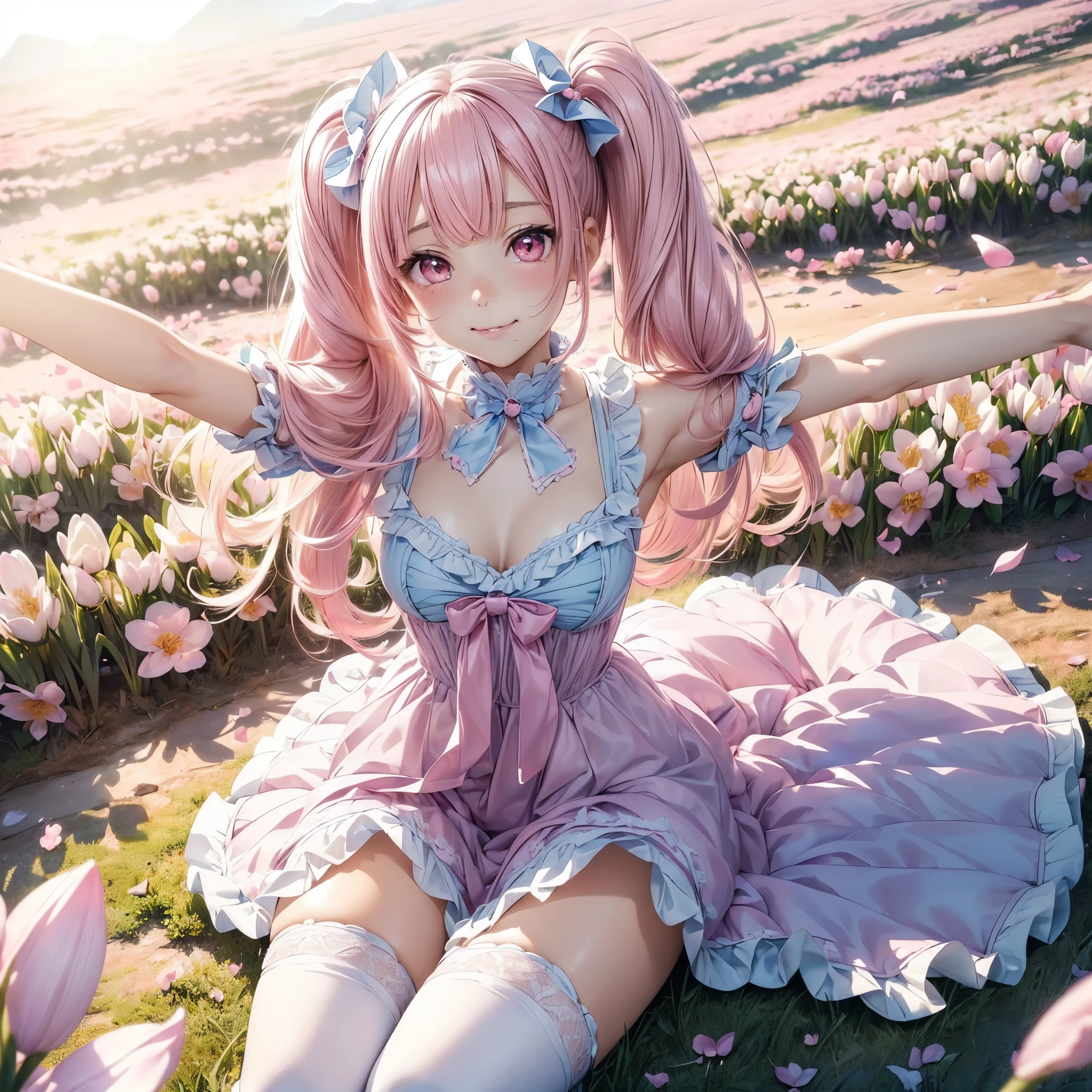 (8K, masutepiece, Highest Quality, Best Quality, Official art, Breathtaking beauty and aesthetics, A highly detailed, The best masterpiece in history that exceeds limits, Breathtaking and beautiful lighting:1.2), (1 Absolute Beautiful Girl, Solo:1.3), sixteen years old, (shiny white skin), BREAK (pink twin tail hair, Bangs:1.3), (adolable big pink eyes, drooing eyes:1.5), BREAK (Breathtaking Beautiful Sweet Lolita Idol Ensemble, sweet lolita-style dress in pastel blue, adorned with lace and ribbon details, Puffy, knee-length skirt for a playful and girly look, Decorative bows and lace trims for added frilliness:1.3), (bust:1.3), (happy smile, Beautiful smile, Gentle smile, cute smile, innocent smile like an angel:1.2), (Attractive, amazing, Beautiful, Elegant, Luxurious, magnifica, Eye-catching, the ultimate beauty, Supreme Beauty, Superlative beauty, Elegant, Beauty, Graceful, Everyone loves it, Beauty that fascinates everyone, Healed, The highest level of complete beauty, cute like an idol, Stylish like a fashion model, Goddess-like grace, Be loved, cute little, adolable, Look at the camera, cute little pose, Happy), breathtaking scenery, (full body, standing, thighs, zettai_ryouiki, thigh_gap:1.3), BREAK (sitting on the ground with arms outstretched, Breathtakingly beautiful spring flower field, colorful petals dancing for wind, blue sky:1.5),