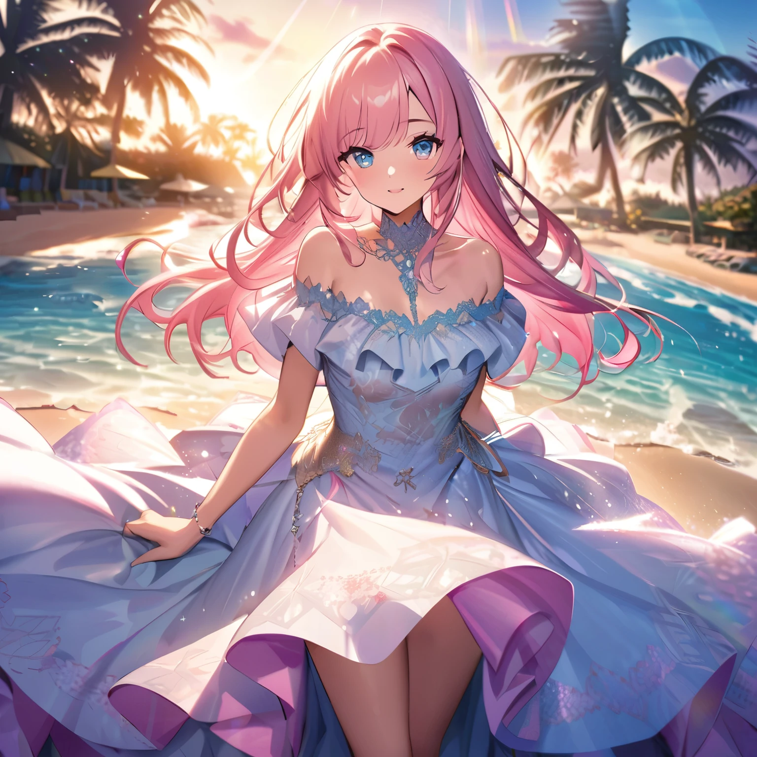 ``A beautiful woman with long pink hair and beautiful eyes wearing an elegant and detailed hawaiian dress.The dress must have intricate designs and patterns to give it a luxurious and luxurious feel.In the background , a romantic morning beach in Hawaii with the morning sun reflecting on the water surface and the sun hitting the palm trees.The entire image emphasizes the glittering effect and rainbows to enhance the magical atmosphere, and adds special frills to the dress. It makes you stand out.”