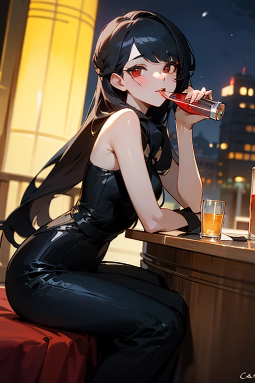 ((mejor calidad)), ((Obra maestra)), (detallado), cara perfecta, Joven de cabello negro largo y lacio, ojos rojos, pale skin, asian factions, 19 years, esbelta, busto mediano, bonitas curvas, estilo anime, elegante, only character in the image, red eyes, waiting for you, cute face, sexy, in love with the viewer, in night club, club, night, drinking, black hair, drunked