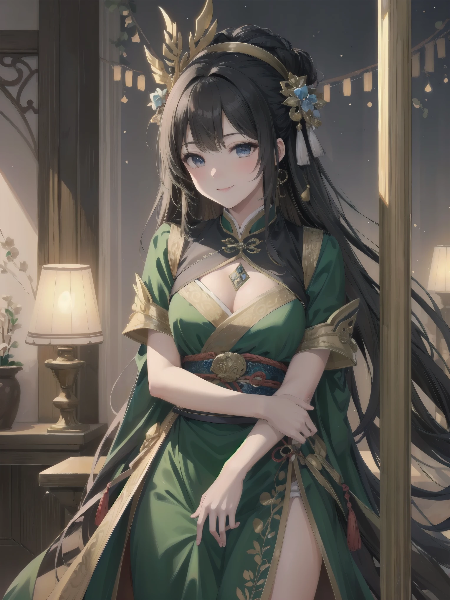 Hay una mujer en un cheongsam, Maquillaje delicado, Tiara de oro, collar de perlas, Horquilla de jade