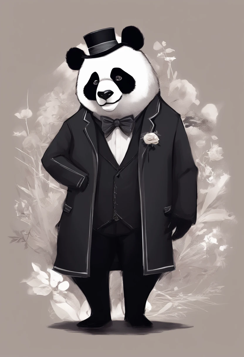 anthropomorphic panda, de cuerpo entero, vestido formalmente con un blazer, sostiene una bandeja, pegatina de panda, sticker de panda.