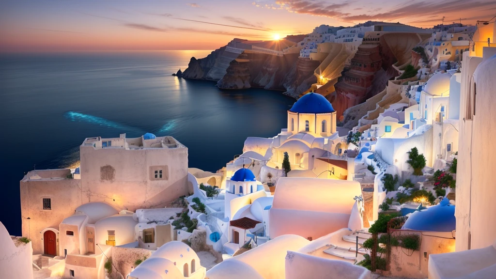 View of a town with blue and white buildings, Santorini, in Santorini island, mediterranean island scenery, Greeceのファンタジーパノラマ, Greeceの設定, whitewashed buildings, Mediterranean cities, In L'Anscape in the Mediterranean, Greece, Mediterranean view, Southern European landscape, Greece建築, white buildings with red roofs, Greeceの鼻, Very beautiful, Greeceのファンタジー風景, White house