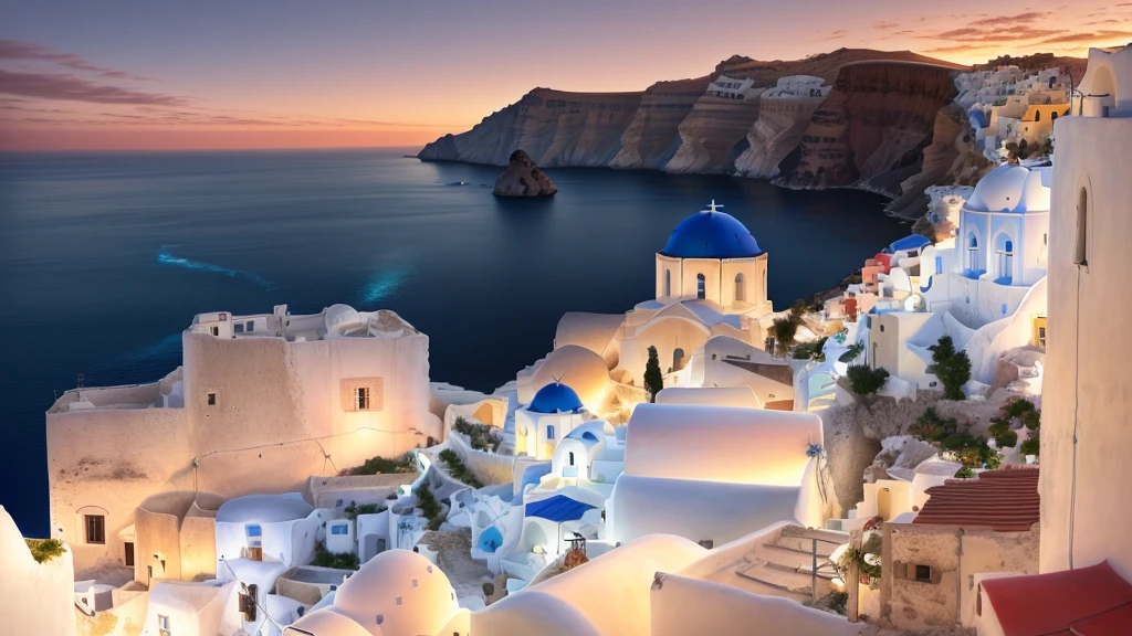 View of a town with blue and white buildings, Santorini, in Santorini island, mediterranean island scenery, Greeceのファンタジーパノラマ, Greeceの設定, whitewashed buildings, Mediterranean cities, In L'Anscape in the Mediterranean, Greece, Mediterranean view, Southern European landscape, Greece建築, white buildings with red roofs, Greeceの鼻, Very beautiful, Greeceのファンタジー風景, White house