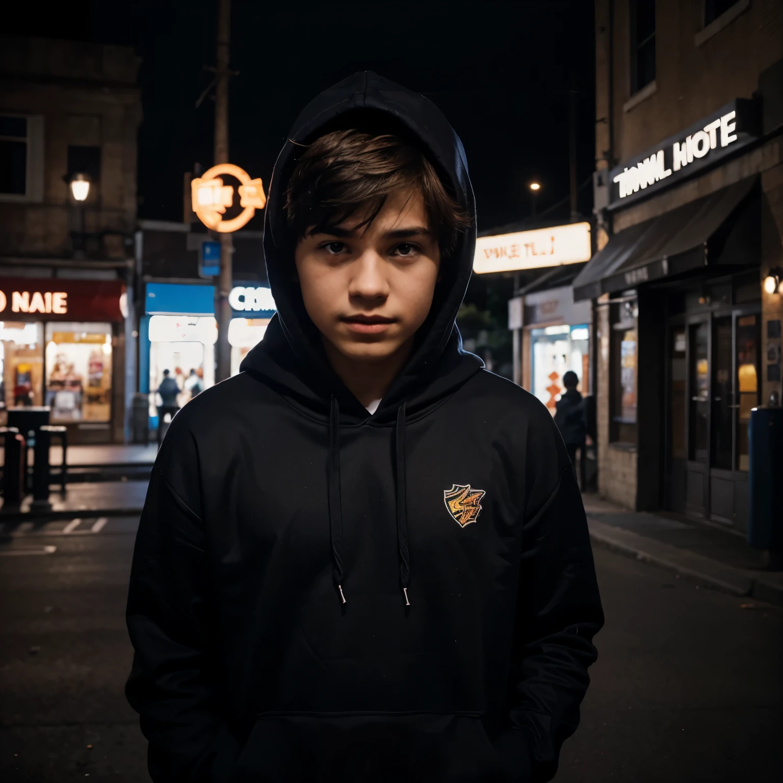 Please generate a aesthatic photo of a boy wearing a hoody in night