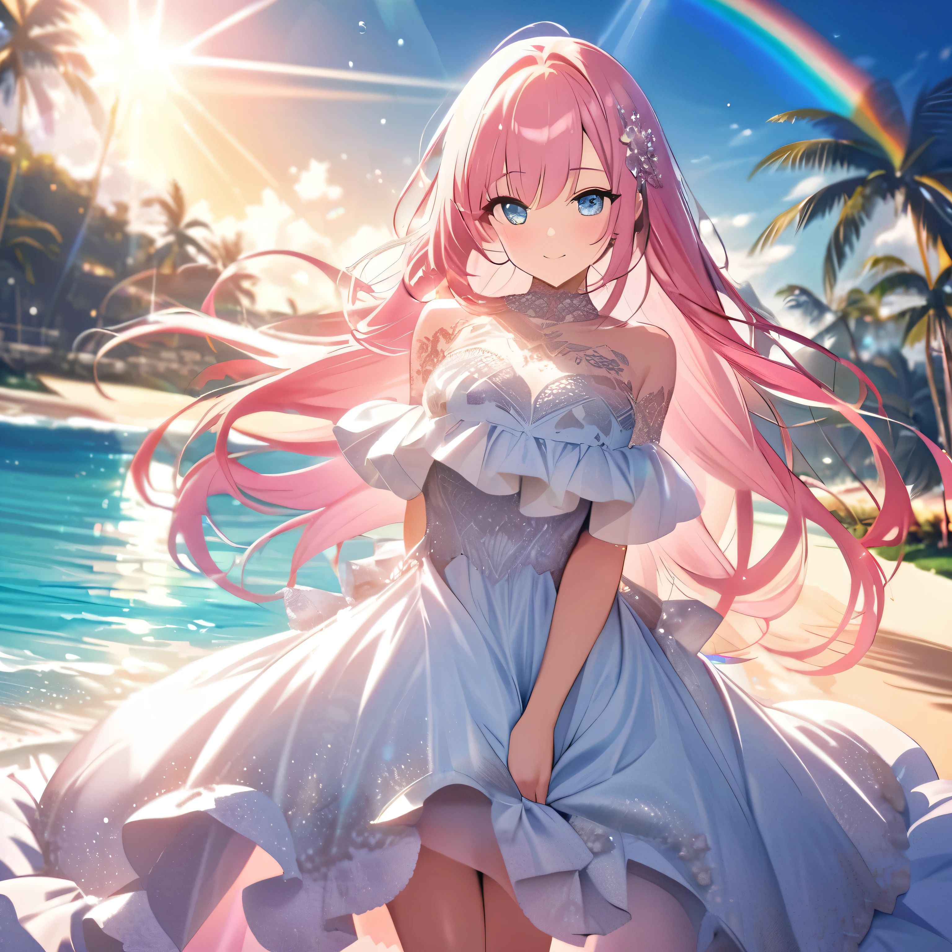 ``A beautiful woman with long pink hair and beautiful eyes wearing an elegant and detailed hawaiian dress.The dress must have intricate designs and patterns to give it a luxurious and luxurious feel.In the background , a romantic morning beach in Hawaii with the morning sun reflecting on the water surface and the sun hitting the palm trees.The entire image emphasizes the glittering effect and rainbows to enhance the magical atmosphere, and adds special frills to the dress. It makes you stand out.”