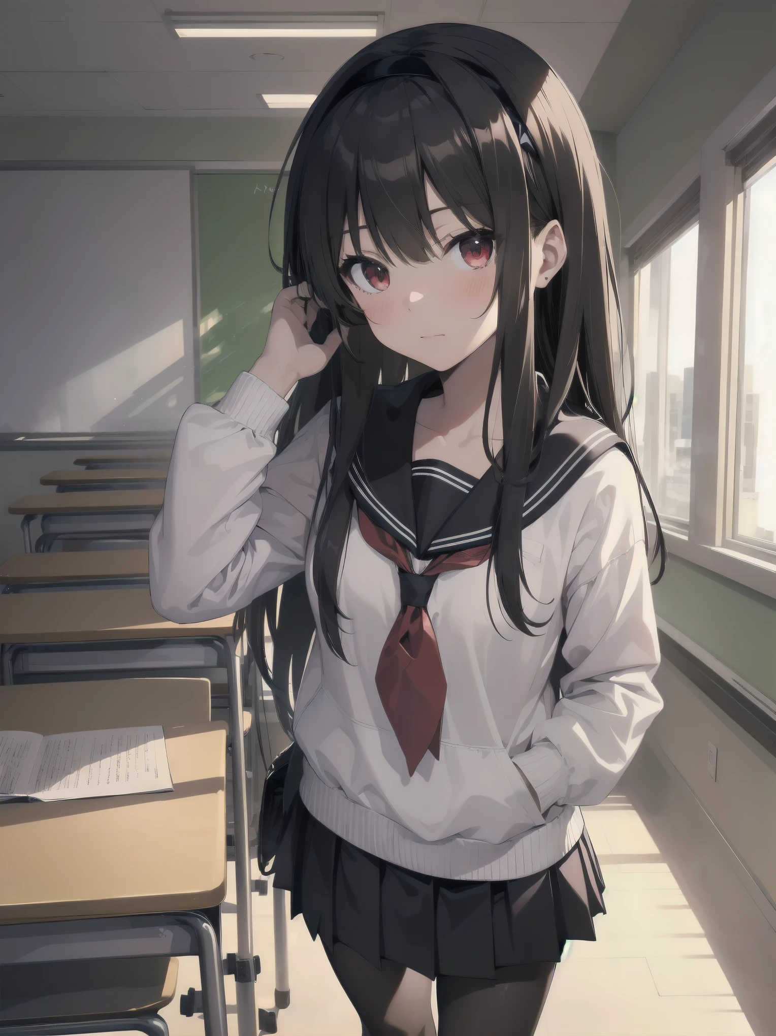 an anime girl standing in an empty room with a phone to her ear, 1girl, solo, , pantyhose, skirt, indoors, hairband, long hair, kasumigaoka utaha, looking at viewer, black hair, red eyes, breasts, blush, pleated skirt, black pantyhose, classroom, white hairband, long sleeves, bangs, neckerchief, closed mouth, desk, sailor collar, serafuku