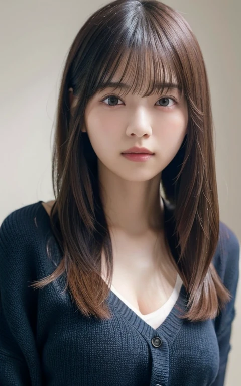 masterpiece, highest quality, 8k, 20th Generation, Large Breasts, cute, alone, sad, cute, Girlish, Delicate girl, Pure beauty, RAW Photos, Professional photography, Portraiture, Soft Light, Professional Lighting, Backlight, Upper Body, avert your eyes, Sophisticated, Film Grain, (Eyes and facial details:1.0), Short floating hair, Beautiful, flowing hair, bangs, T-shirts and cardigans、(Large Breasts:1.0)、You can see a little cleavage、Odd Eye、