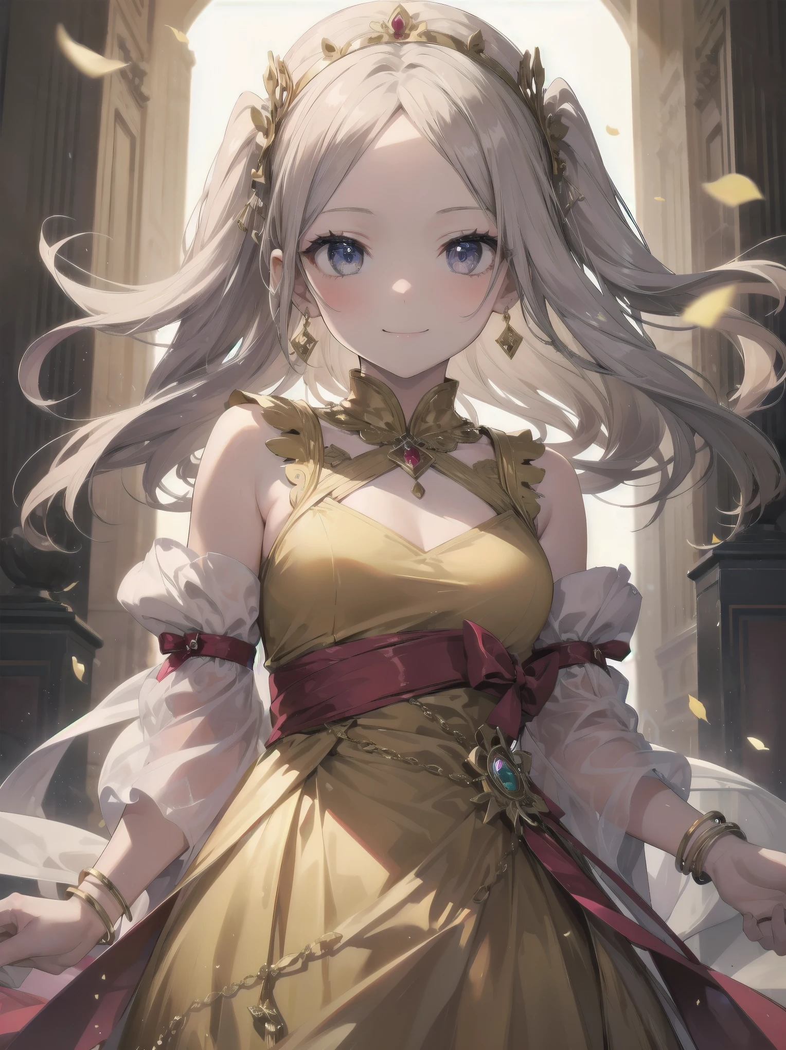 1girl, , smile, looking at viewer, solo, gold dress, jewelry, bracelet, earring, detached sleeves, forehead, long hair, palace