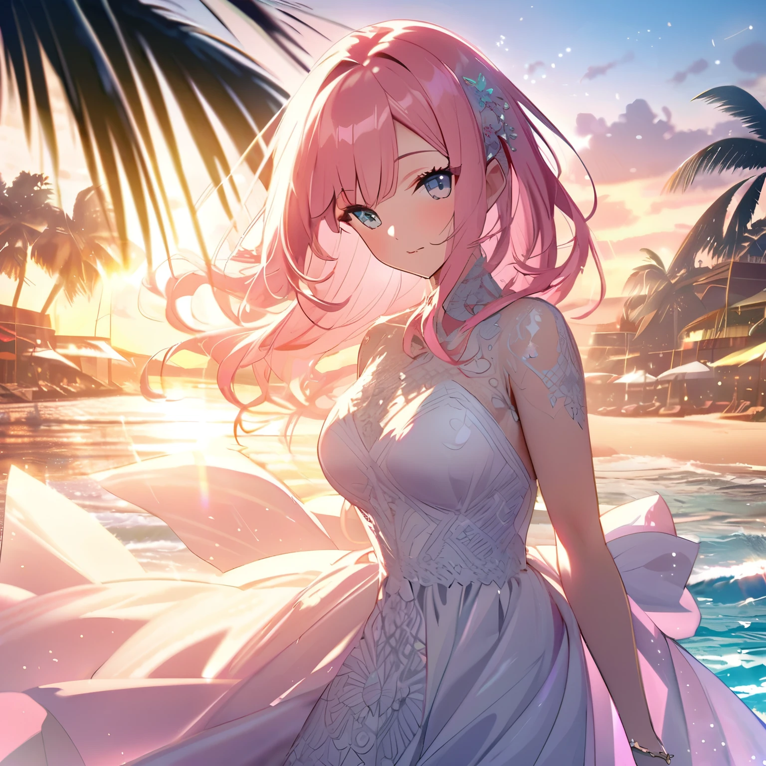 ``A beautiful woman with long pink hair and beautiful eyes wearing an elegant and detailed hawaiian dress.The dress must have intricate designs and patterns to give it a luxurious and luxurious feel.In the background , a romantic morning beach in Hawaii with the morning sun reflecting on the water surface and the sun hitting the palm trees.The entire image emphasizes the glittering effect and rainbows to enhance the magical atmosphere, and adds special frills to the dress. It makes you stand out.”