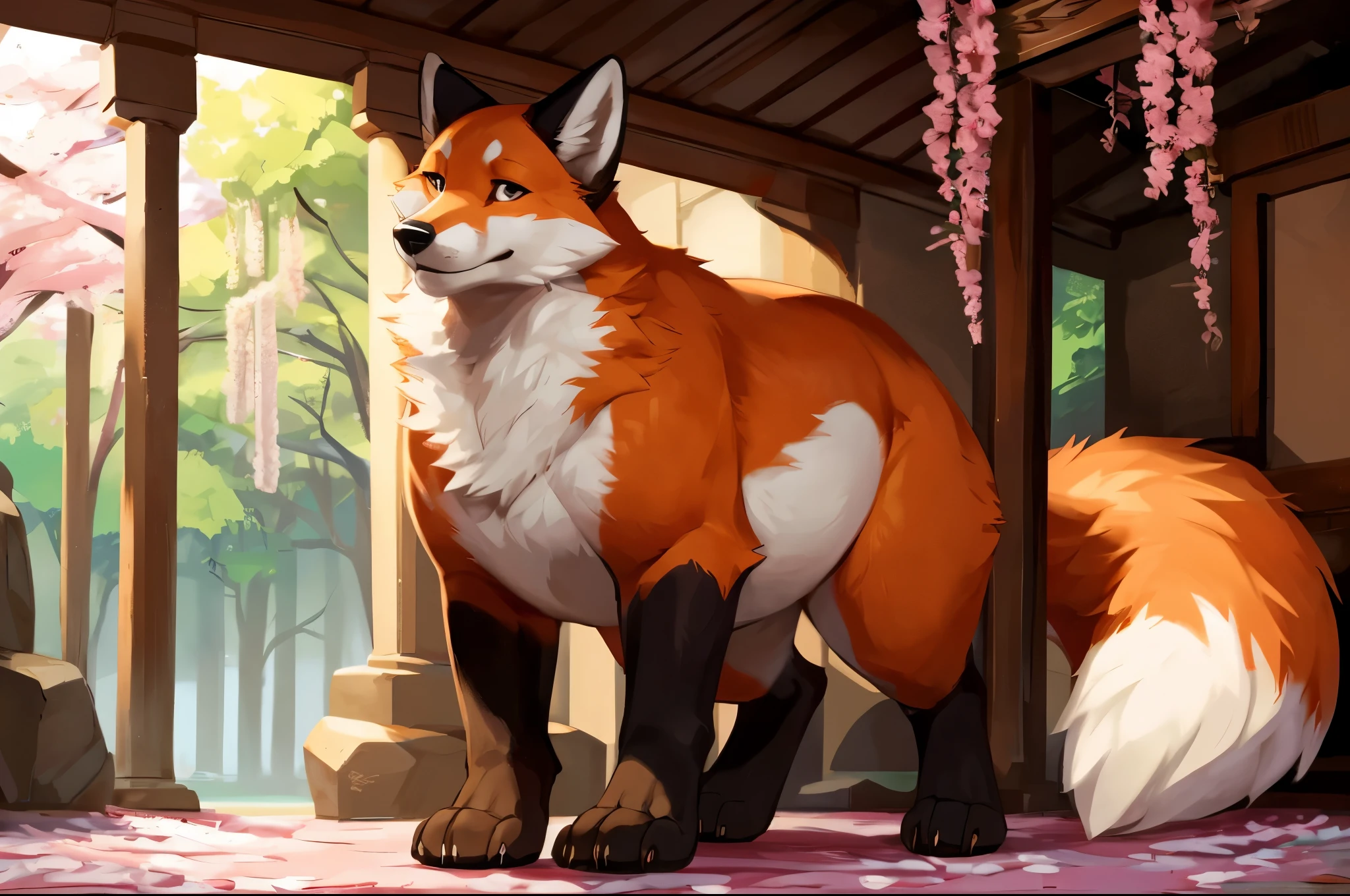 4k ultra quality, 4k full body view,(ultra high detailed body),((feral)) fox,by mystikfox61, by glitter trap boy,feral paws, by bebebebebe,by morethreedee, by seibear,(thick thigh),(chubby thigh),thicc thigh,thick legs,chubby legs,thicc legs,massive butt,enomorous thigh,massive thigh,massive legs,thick lower legs,wide legs,(detailed thigh),(wide thigh),fluffy belly sharp nails,((sfw)),(ultra detailed face),detailed eyes,big tail,fluffy tail,(detailed tail),enomorous tail,bigger tail,huge tail,volumetric light,big paws,(thick paws),fluffy paws,furry paws,enomorous paws,(feral focus), beast,(bigger lower body),(long legs),front view,master works, super fine, 4k resolution, high quality,high picture detail,dark fantasy,illusory engine, Masterpiece,dire fox,faint lighting,in a shrine,sakura,(feral) belly,charming (feral) body,chubby (feral) body,enomorous belly,hyper belly,shiny fur