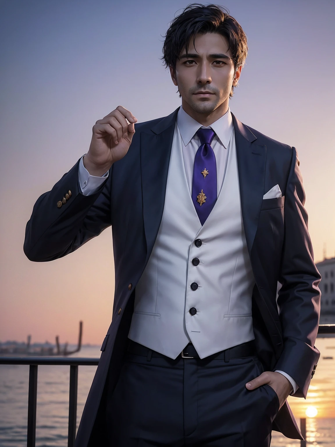 anime.Constantine the Great, Roman Emperor Constantine the Great resurrected in modern times。34 years old。one adult male。Long body。broad shoulder。thick neck。eyes like a lion。Bright and sharp eyes。Looking here。Sincere and kind。Kind and reliable。Deal with it sternly if necessary.。talented and hardworking businessman。successful gentleman。careerist。he is wearing a high quality white suit。dark purple tie。Light purple shirt。forceful。An overwhelming sense of control。romance novel hero。Bold composition。look up to。lyrical。Dramatic。heartful。Romantic。opulent。elegan。elegance。Venice background in the sunset。masterpiece。top-quality。Super beautiful。The ultra -The high-definition。detaileds。exquisite。