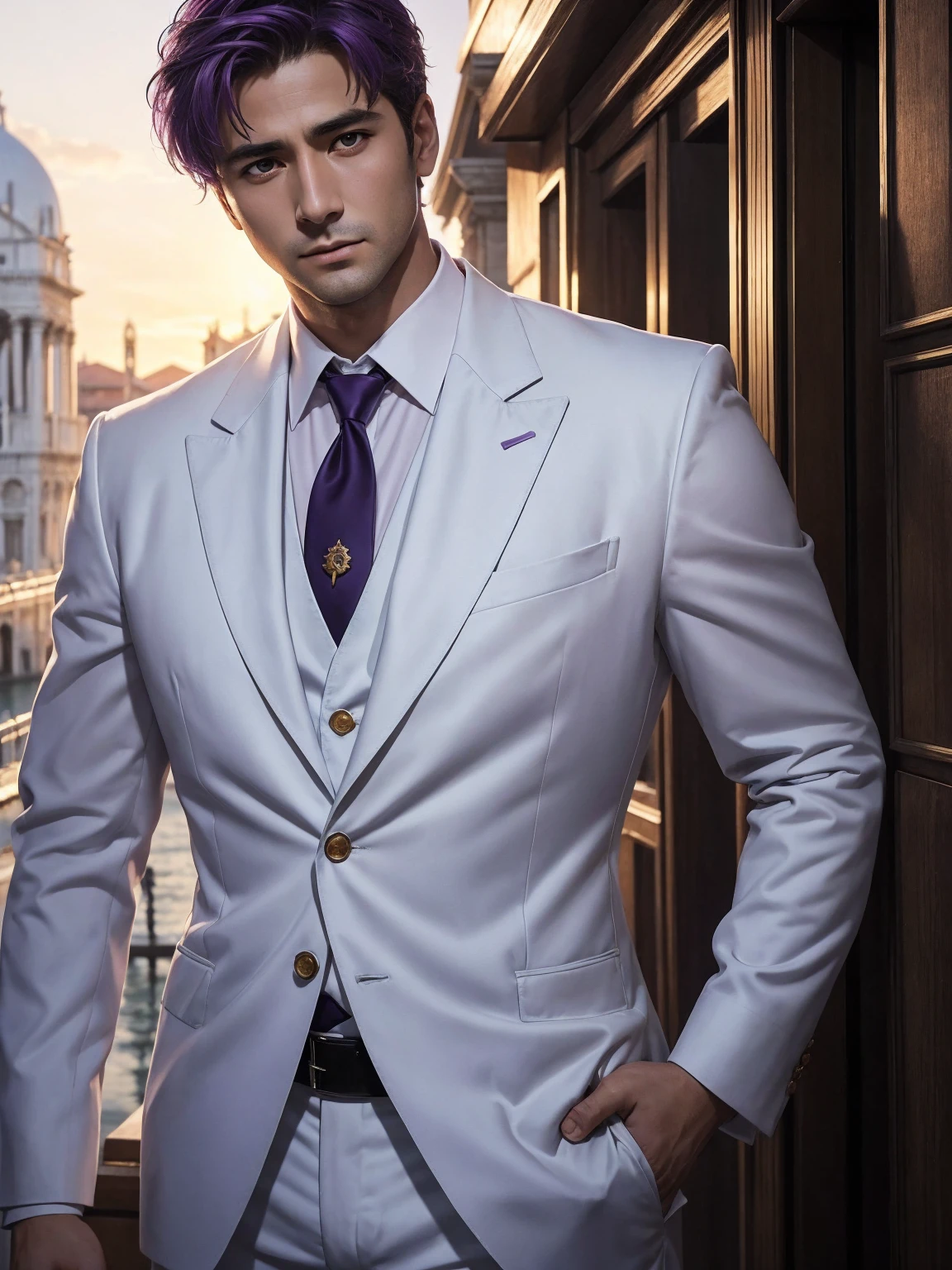 anime.Constantine the Great, Roman Emperor Constantine the Great resurrected in modern times。34 years old。one adult male。Long body。broad shoulder。thick neck。eyes like a lion。Bright and sharp eyes。Looking here。Sincere and kind。Kind and reliable。Deal with it sternly if necessary.。talented and hardworking businessman。successful gentleman。careerist。he is wearing a high quality white suit。dark purple tie。Light purple shirt。forceful。An overwhelming sense of control。romance novel hero。Bold composition。look up to。lyrical。Dramatic。heartful。Romantic。opulent。elegan。elegance。Venice background in the sunset。​masterpiece。top-quality。Super beautiful。The ultra -The high-definition。detaileds。exquisite。