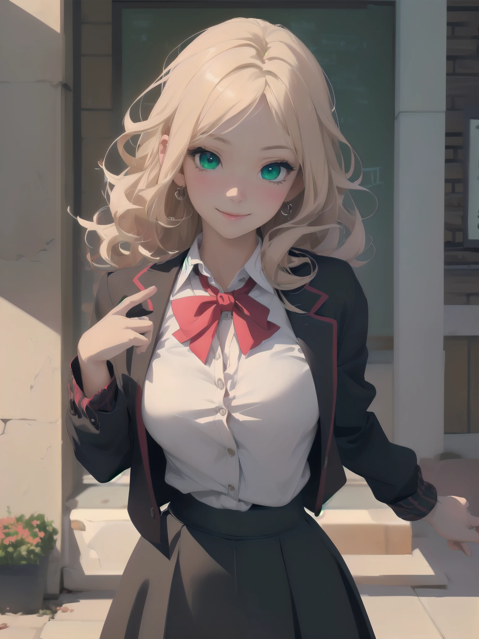 ((Tabletop, highest quality, High resolution, Perfect Pixel, Depth of written boundary, 4K))), One Girl, single, alone, Beautiful Anime Girls, Beautiful art style, Anime characters, ((Long Hair, bangs, Dark brown hair, Curly Hair:0.8)), ((Green Eyes:1.4, Fine grain, Beautiful Eyes, Perfect Eyes,Curled eyelashes, Realistic eyes)), ((Detailed face, Blushing:1.2)), ((Smooth texture:0.75, Realistic texture:0.5, Anime CG Style)), Huge breasts that look like they might explode, Dynamic Angle, Big Breasts, Perfect body, Dynamic pose, ((Red bow tie, , Black jacket, Open jacket, Brown cardigan, White shirt, Black Skirt, Checked skirt)), smile, Open your mouth, Put your arms behind your back, Leaning forward, Amalment Park