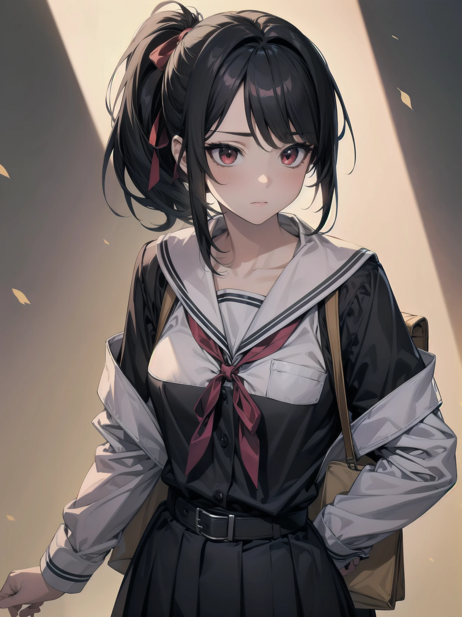Masterpiece, top quality, super detailed, 16k, One girl, spring, high school, warm colors, school bag, accurate and highly detailed background, flock of schoolgirls in uniforms of various body shapes and hairstyles, cute. Blake. , red eyes, black hair, ribbon, red ribbon, hair ribbon, parted bangs, folded ponytail, , shuuchiin academy , dress, sidelocks, breasts, black dress, collarbone, short hair, long sleeves