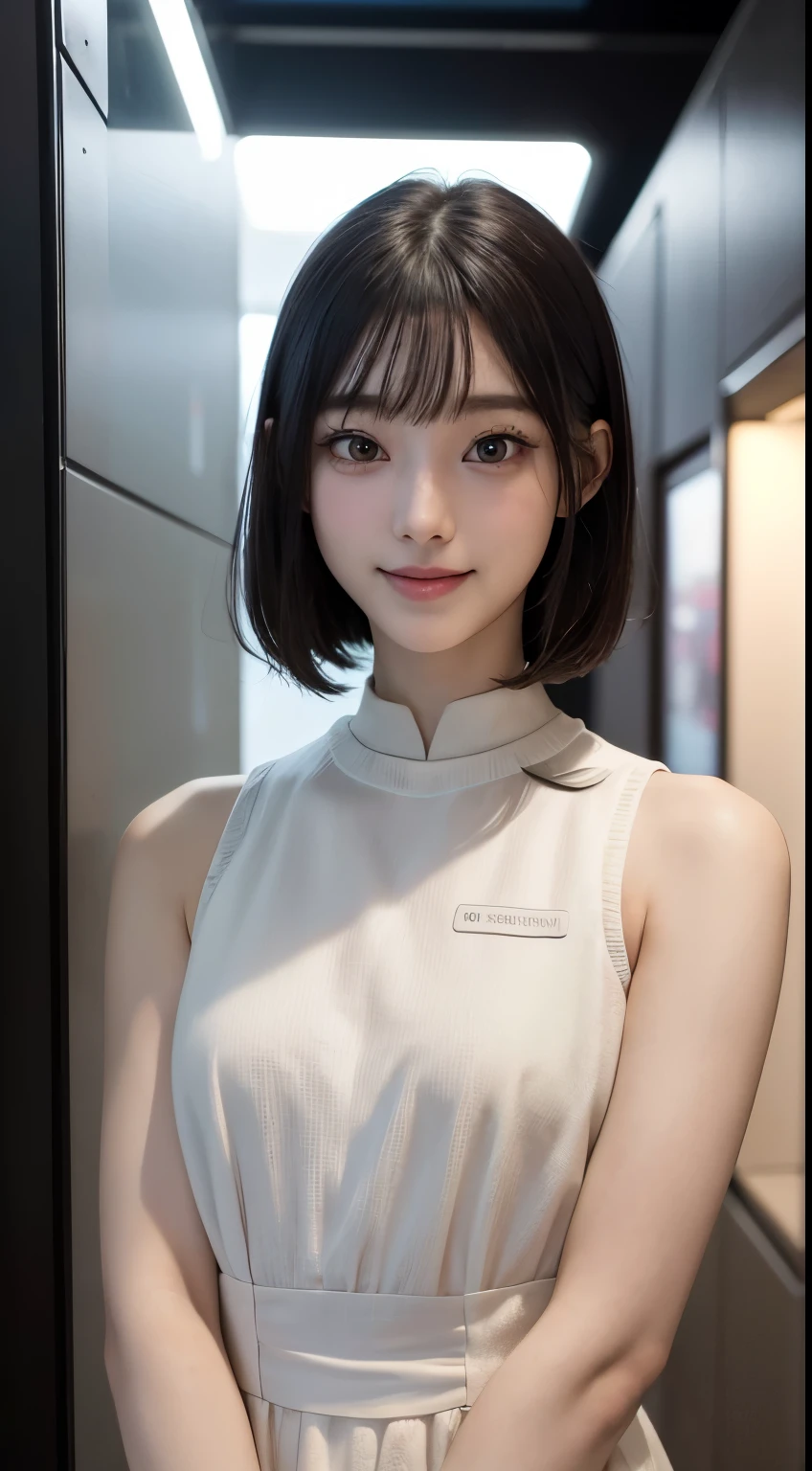masterpiece, 1 beautiful girl, detailed, Swollen eyes, highest quality, 超High resolution, (reality: 1.4), Original photo, One girl, Cinema Lighting, smile, Japanese, Asian Beauty, Korean, clean, so beautiful, Small young face, Beautiful Skin, thin, Cyberpunk Background, (Ultra-realistic), (High resolution), (8k), (非常にdetailed), (Best illustrations), (Beautiful and detailed eyes), (非常にdetailed), (wallpaper), (detailedな顔), Viewers are watching, The finer details, detailedな顔, Pure Erotic Face Ace_v1, smile, 46 point diagonal bangs, Look straight ahead, Dress neatly, Dark Eyes, Sleeveless clothing, Body facing forward,