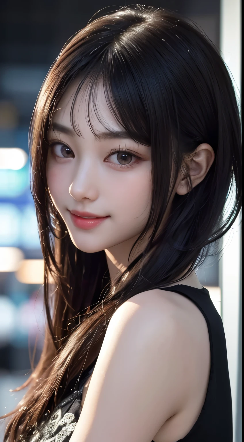 masterpiece, 1 beautiful girl, detailed, Swollen eyes, highest quality, 超High resolution, (reality: 1.4), Original photo, One girl, Cinema Lighting, smile, Japanese, Asian Beauty, Korean, clean, so beautiful, Small young face, Beautiful Skin, thin, Cyberpunk Background, (Ultra-realistic), (High resolution), (8k), (非常にdetailed), (Best illustrations), (Beautiful and detailed eyes), (非常にdetailed), (wallpaper), (detailedな顔), Viewers are watching, The finer details, detailedな顔, Pure Erotic Face Ace_v1, smile, 46 point diagonal bangs, Look straight ahead, Dress neatly, Dark Eyes, Sleeveless clothing, Body facing forward,