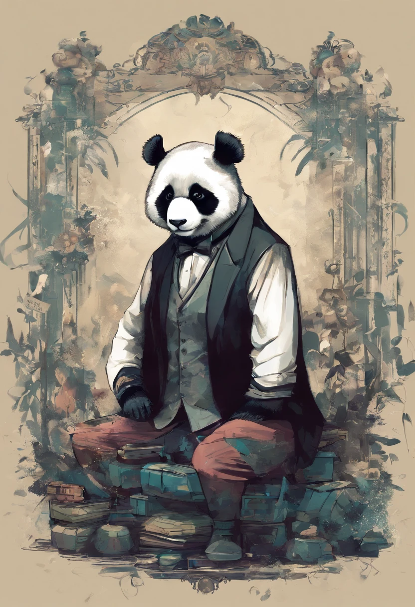 anthropomorphic panda, de cuerpo entero, vestido formalmente con un blazer, sostiene una bandeja, pegatina de panda, sticker de panda.