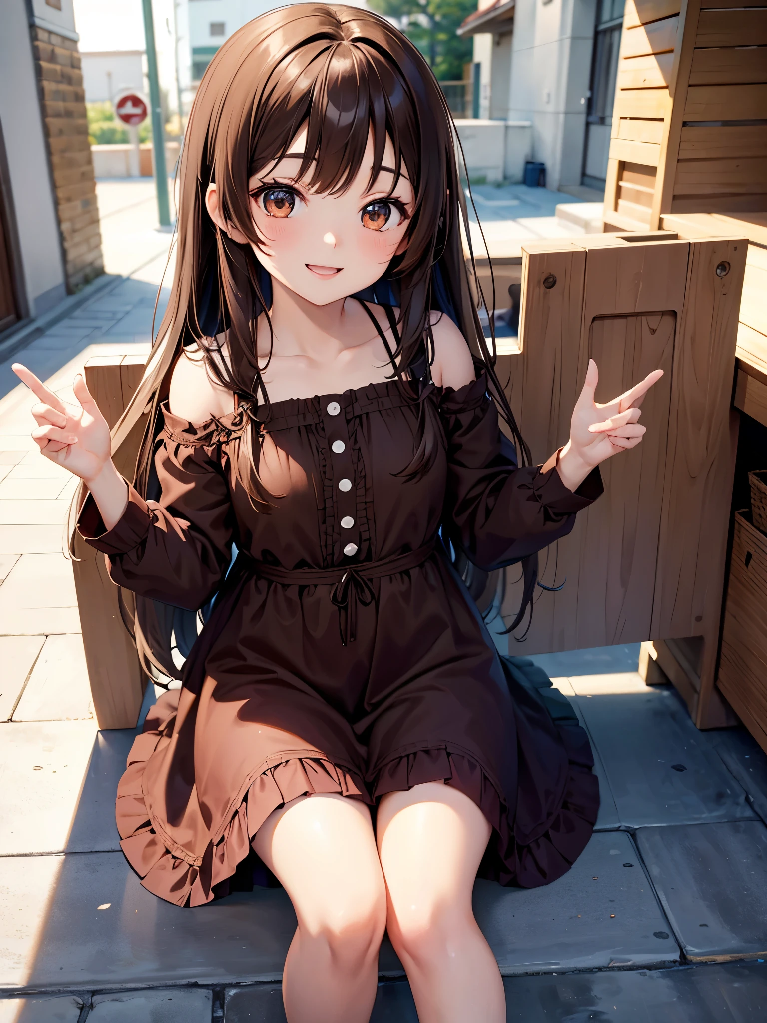 Brown hair. Anime girl. Asian girl. Ulzzang. Brown eyes. Smiling. Dress.