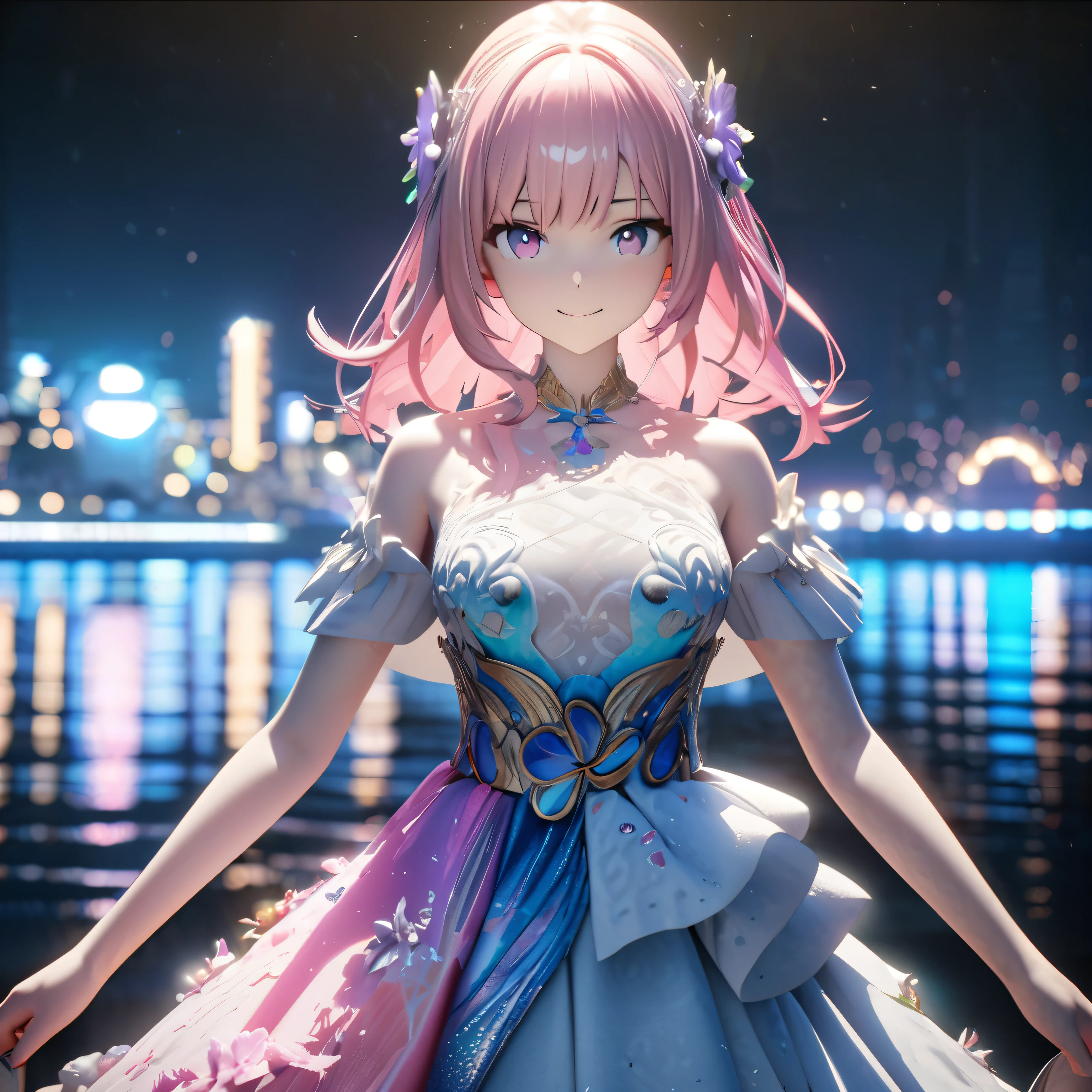 Masterpiece, Best Quality, High Definition, High Resolution, Expensive Resolution, High Definition, 4K, 8k, Unity 8k Wallpaper, High Definition CG, Masterpiece, Real, 2D, 3D, Beautiful Details, Depth, Fine Texture, Super Quality: 1.3 , create an anime-style illustration of a character wearing an elaborate Hawaiian dress decorated with flowers and jewels, with perfect concentration and a bright night beach background. Draw a close-up of the upper body. {{The dress should have multiple layers and a special treatment of ruffles, with gemstones of different colors embedded throughout. }} , The character's pink hair should be long and flowing to complement the intricate design of the dress. The cityscape at night should also be vivid. The streets are lit up in different colors and buzz with lights indicating an active nightlife. Includes light reflections from buildings in the bodies of water in between.With a smile