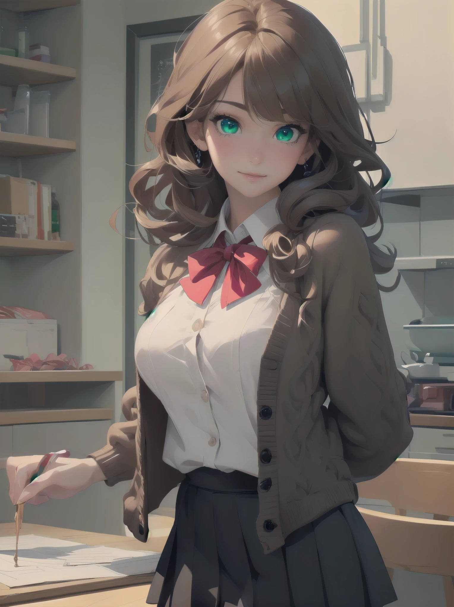 ((Tabletop, highest quality, High resolution, Perfect Pixel, Depth of written boundary, 4K))), One Girl, single, alone, Beautiful Anime Girls, Beautiful art style, Anime characters, ((Long Hair, bangs, Dark brown hair, Curly Hair:0.8)), ((Green Eyes:1.4, Fine grain, Beautiful Eyes, Perfect Eyes,Curled eyelashes, Realistic eyes)), ((Detailed face, Blushing:1.2)), ((Smooth texture:0.75, Realistic texture:0.5, Anime CG Style)), Huge breasts that look like they might explode, Dynamic Angle, Big Breasts, Perfect body, Dynamic pose, ((Red bow tie, , Black jacket, Open jacket, Brown cardigan, White shirt, Black Skirt, Checked skirt)), smile, Open your mouth, Put your arms behind your back, Leaning forward, Amalment Park