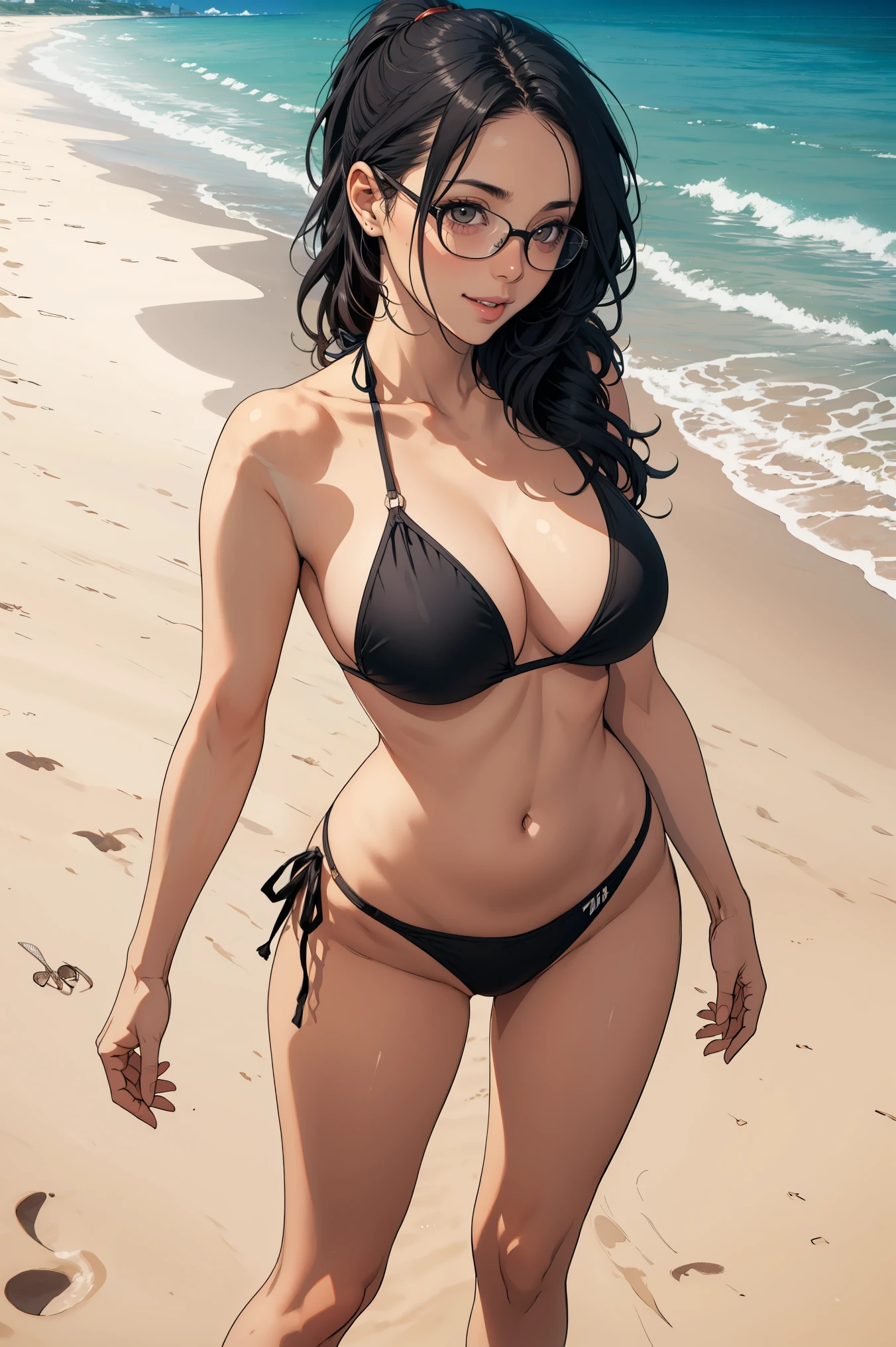 1 girl, black long hair ponytail, glasses, huge breas, wearing black bikini, smiling happily, arm at the hips, standing , at the beach, front view, looking to the viewer,  mouth open wide, fullbody shot, 