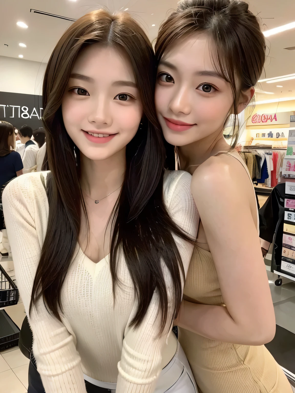 one person、Smiling while shopping、fun、、whole body、slender、woman、White drool coming out of the mouth、Short hair, fair skin,ponytail、Super cute、Soft and Face、Brown Hair、8k resolution、Surreal、Ultra high definition、 Soft Body Tight Ass Night、A-cup small breasts((Highest resolution、8k、masterpiece:1.3))、Ultra-fine face、Ultra Fine Lips、Beautiful Eyes、double eyelid,Girls' High 、Navy blue lender body type、I can see your thighs、Shapely small breasts、