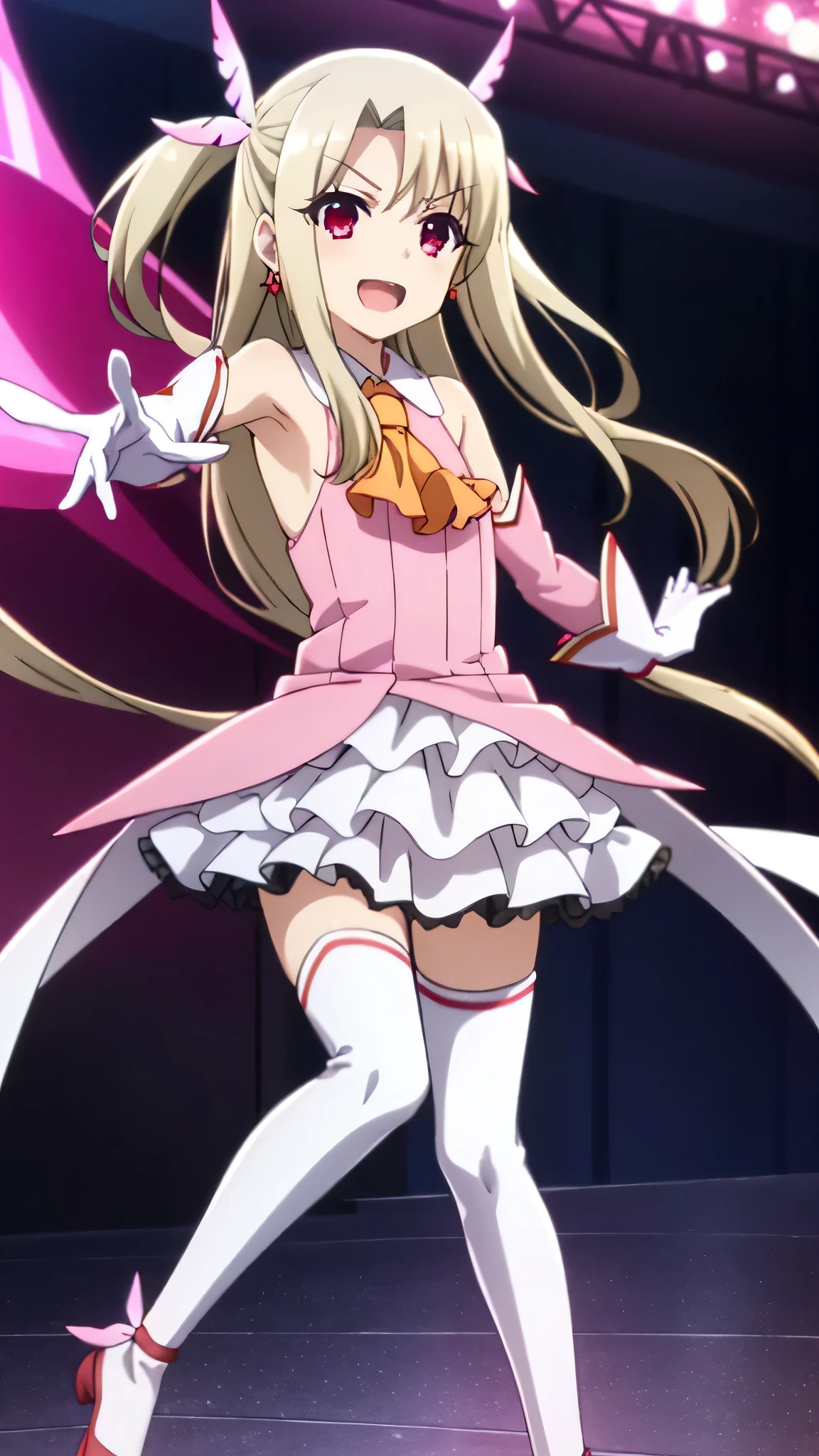 Anime girl with long blonde hair and black boots holding microphone, anime girl with a bow and arrow, screenshot from a 2012s anime, magical girl anime mahou shojo, anime screenshot, flirty anime witch casting magic, anime style like fate/stay night, Black Magician Girl, wielding a bow, with bow and arrow, screenshot from guro anime