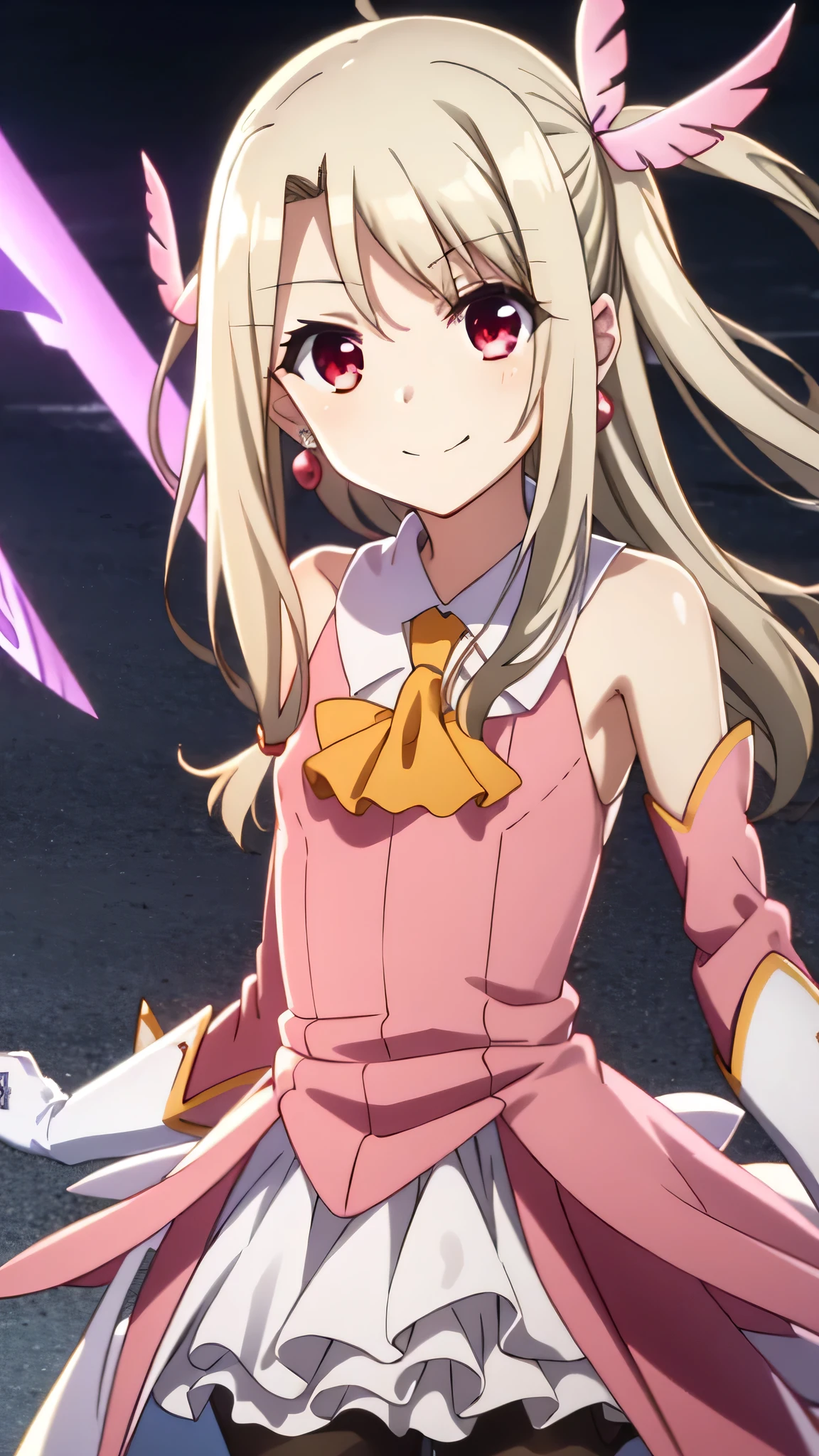 {{{masterpiece}}}, {{{best quality}}}, {{ultra-detailed}}, {illustration}, {{an extremely delicate and beautiful}}, 8k, NSFW, Illyasviel von Einzbern(Fate/Kaleid Liner Prisma Illya), illyasvielvoneinzbern, illyasviel von einzbern, long hair, blonde hair, (red eyes:1.3), (parted bangs:1.5), smile, BREAK hair ornament, gloves, dress, jewelry, earrings, detached sleeves, ascot, magical girl, feathers, pink dress, feather hair ornament, prisma illya,