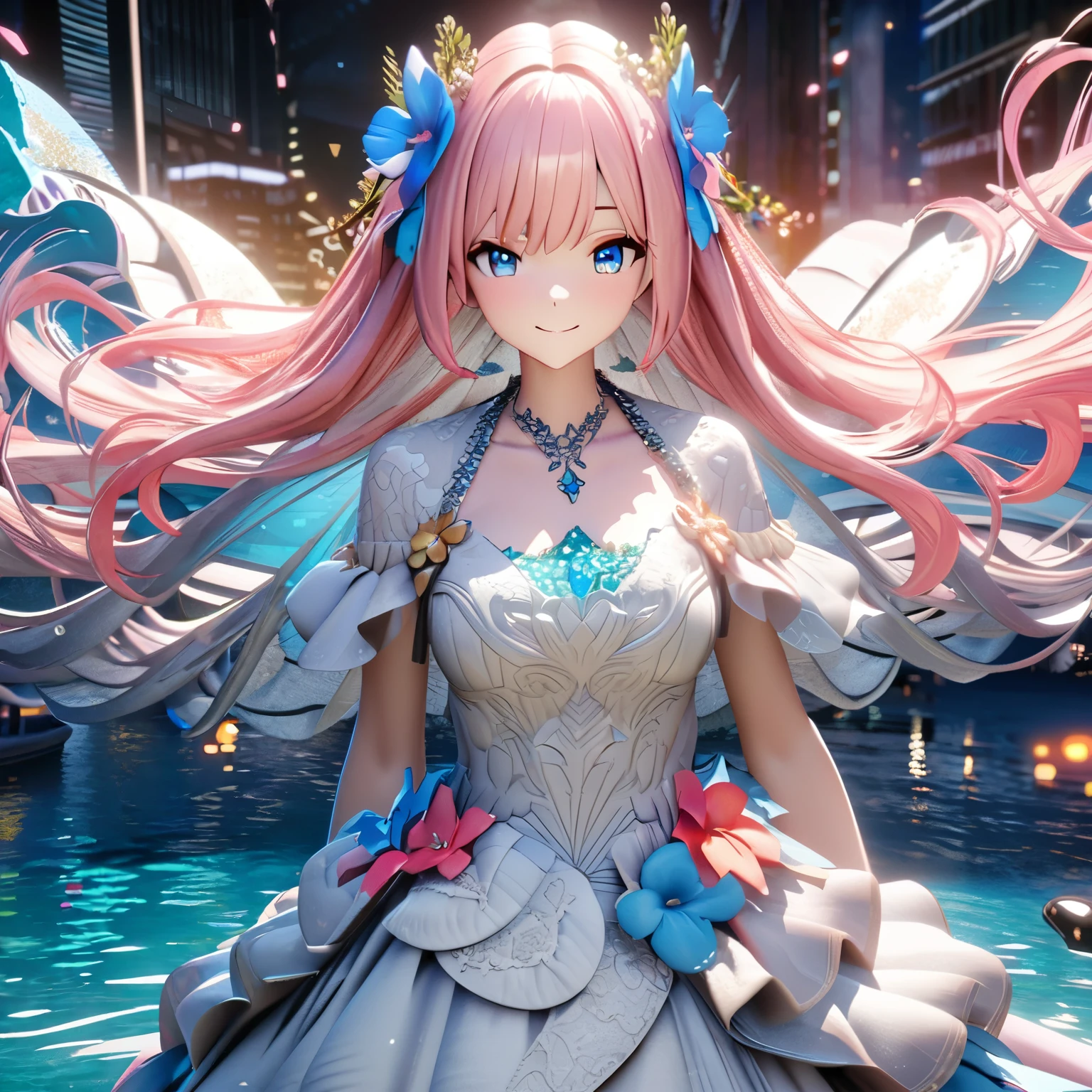 Masterpiece, Best Quality, High Definition, High Resolution, Expensive Resolution, High Definition, 4K, 8k, Unity 8k Wallpaper, High Definition CG, Masterpiece, Real, 2D, 3D, Beautiful Details, Depth, Fine Texture, Super Quality: 1.3 , create an anime-style illustration of a character wearing an elaborate Hawaiian dress decorated with flowers and jewels, with perfect concentration and a bright night beach background. Draw a close-up of the upper body. {{The dress should have multiple layers and a special treatment of ruffles, with gemstones of different colors embedded throughout. }} , The character's pink hair should be long and flowing to complement the intricate design of the dress. The cityscape at night should also be vivid. The streets are lit up in different colors and buzz with lights indicating an active nightlife. Includes light reflections from buildings in the bodies of water in between.With a smile