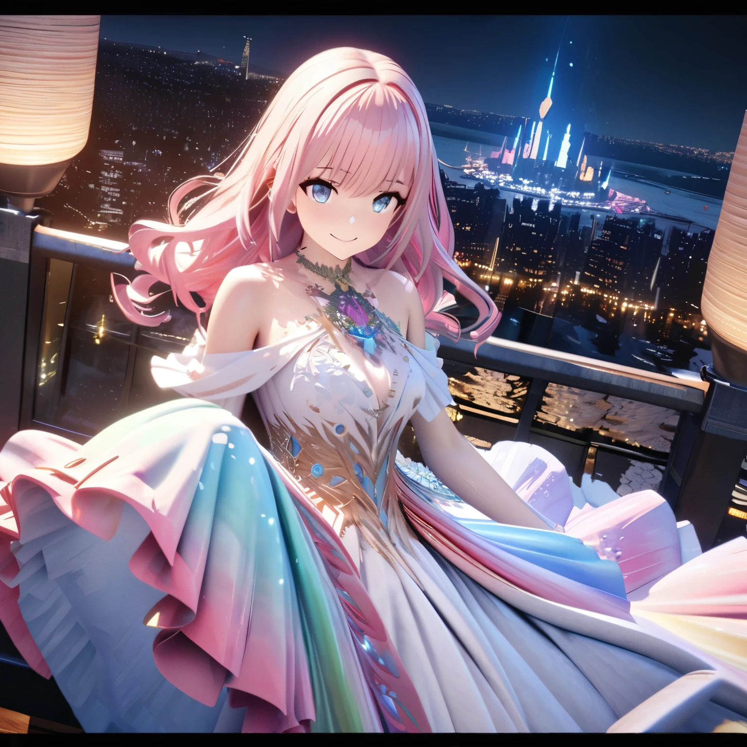 Masterpiece, Best Quality, High Definition, High Resolution, Expensive Resolution, High Definition, 4K, 8k, Unity 8k Wallpaper, High Definition CG, Masterpiece, Real, 2D, 3D, Beautiful Details, Depth, Fine Texture, Super Quality: 1.3 , create an anime-style illustration of a character wearing an elaborate Hawaiian dress decorated with flowers and jewels, with perfect concentration and a bright night beach background. Draw a close-up of the upper body. {{The dress should have multiple layers and a special treatment of ruffles, with gemstones of different colors embedded throughout. }} , The character's pink hair should be long and flowing to complement the intricate design of the dress. The cityscape at night should also be vivid. The streets are lit up in different colors and buzz with lights indicating an active nightlife. Includes light reflections from buildings in the bodies of water in between.With a smile