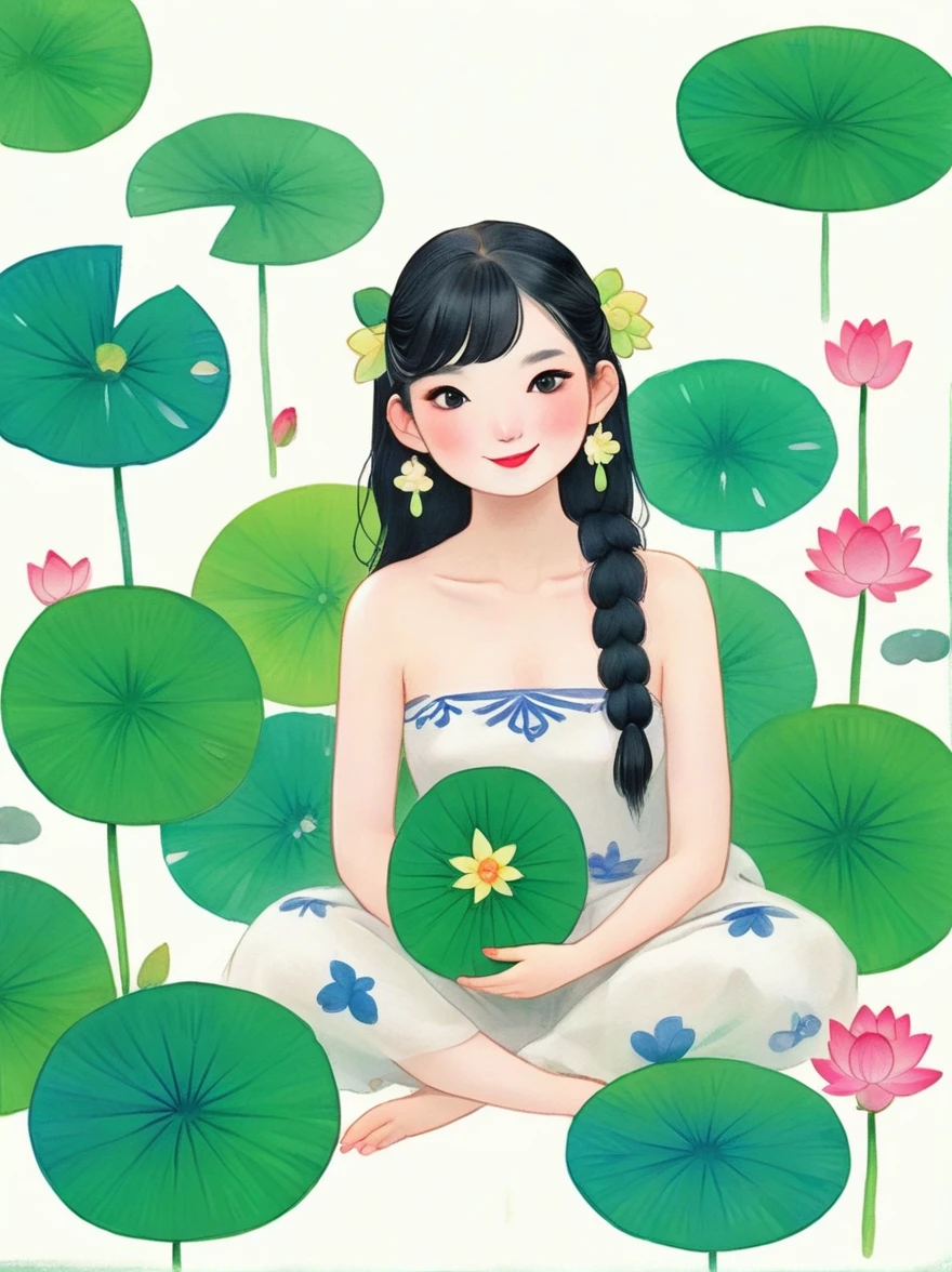 1 Girl，whole body，leg，裸露的大leg，(rain)，(Gentle smile)，Bare shoulders，胸部被覆盖lotus叶，Cleavage，clavicle，neck，(fog，薄fog)，earrings，solo，White(lotus)，Black Hair，Looking at the audience，Long hair，portrait，Lips，Hair Bun，make up，Poker face，black eyes，Green，(Lotus Leaf)，Every time，Soft Light，Fine brushwork and ink painting style，(masterpiece:1.2)，(Best quality:1.2)，high resolution，Extremely detailed 8k wallpapers，very clearly，lifelike