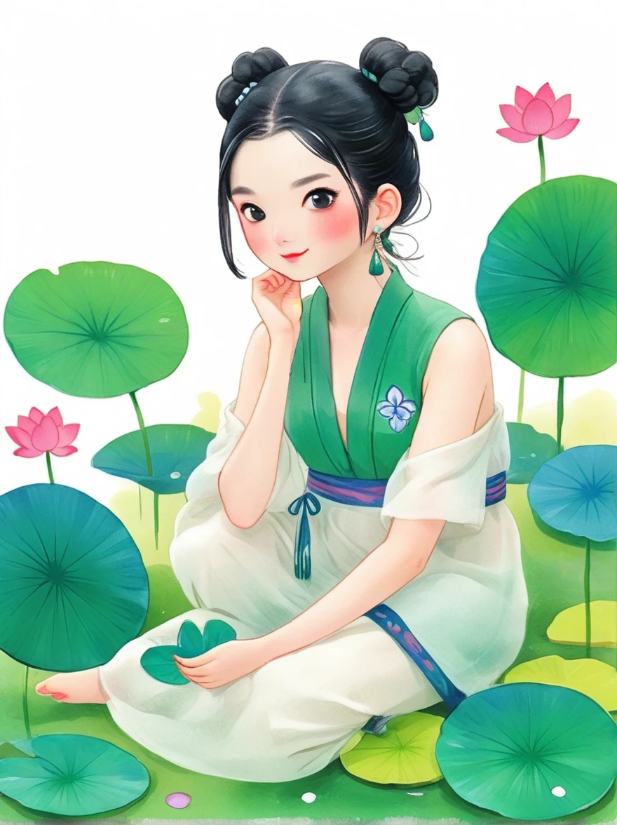 1 Girl，whole body，leg，裸露的大leg，(rain)，(Gentle smile)，Bare shoulders，胸部被覆盖lotus叶，Cleavage，clavicle，neck，(fog，薄fog)，earrings，solo，White(lotus)，Black Hair，Looking at the audience，Long hair，portrait，Lips，Hair Bun，make up，Poker face，black eyes，Green，(Lotus Leaf)，Every time，Soft Light，Fine brushwork and ink painting style，(masterpiece:1.2)，(Best quality:1.2)，high resolution，Extremely detailed 8k wallpapers，very clearly，lifelike