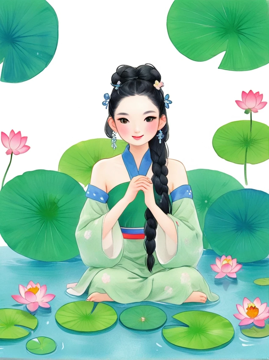 1 Girl，whole body，leg，裸露的大leg，(rain)，(Gentle smile)，Bare shoulders，胸部被覆盖lotus叶，Cleavage，clavicle，neck，(fog，薄fog)，earrings，solo，White(lotus)，Black Hair，Looking at the audience，Long hair，portrait，Lips，Hair Bun，make up，Poker face，black eyes，Green，(Lotus Leaf)，Every time，Soft Light，Fine brushwork and ink painting style，(masterpiece:1.2)，(Best quality:1.2)，high resolution，Extremely detailed 8k wallpapers，very clearly，lifelike