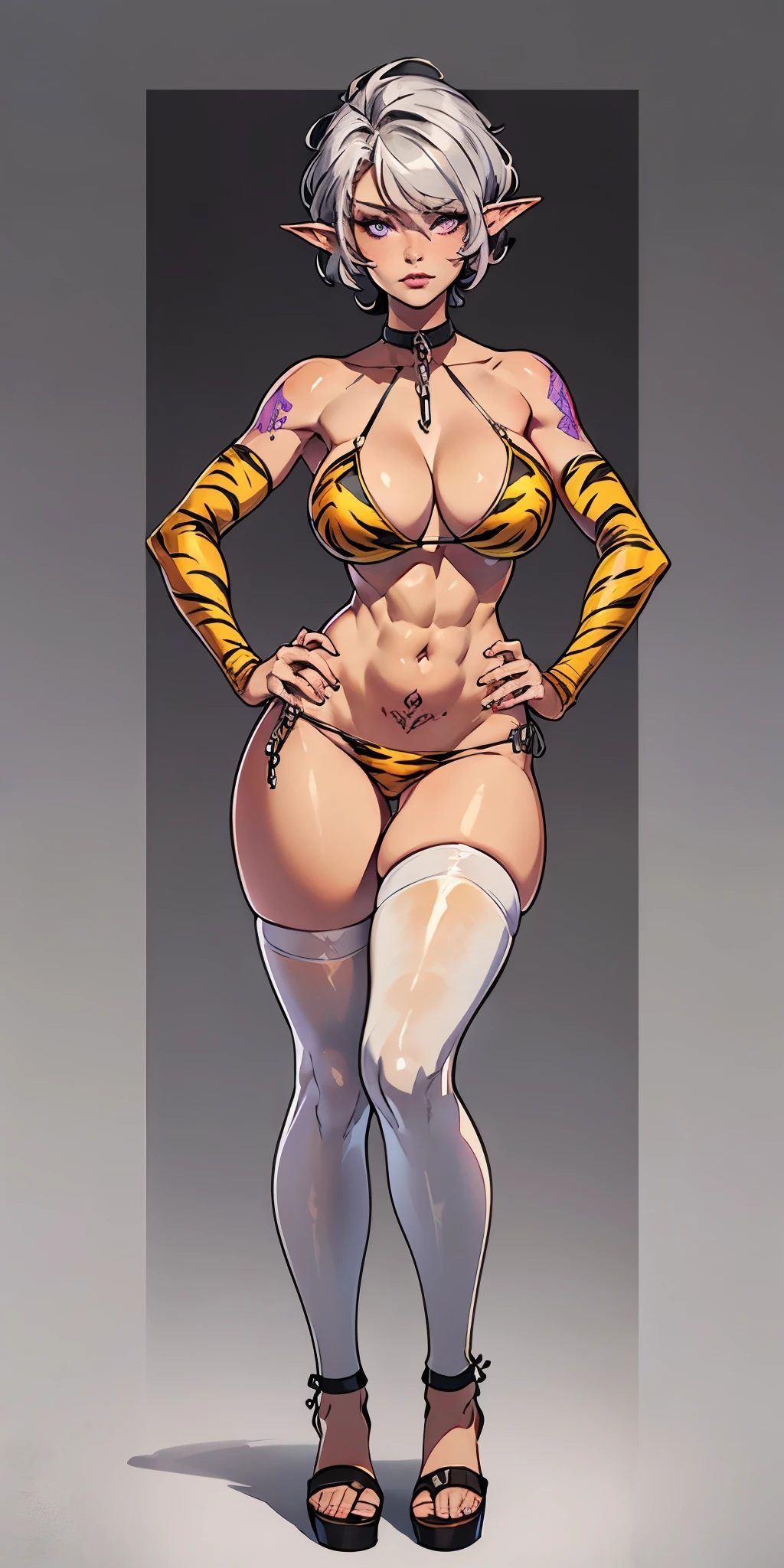 (Masterpiece, grey background:1.2) full body standing straight symmetrical looking to the viewer, view from below, far shot, cow boy shot, purple skin, drow, elf, 1girl, mature, purple eyes, pinched eyes, short silver white hair cut (yellow tiger bikini print long sleeves and long stockings) abs, navel, big knockers, tatter rags, leather choker,chain collar, stomach tattoo (red tattoo), hands on hips, wide hips, thick thighs, metal sandals, 