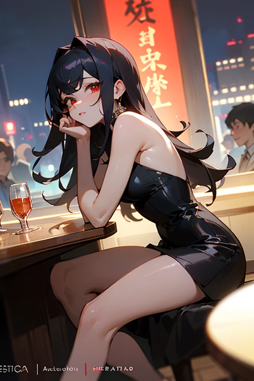 ((mejor calidad)), ((Obra maestra)), (detallado), cara perfecta, Joven de cabello negro largo y lacio, ojos rojos, pale skin, asian factions, 19 years, esbelta, busto mediano, bonitas curvas, estilo anime, elegante, only character in the image, red eyes, waiting for you, cute face, sexy, in love with the viewer, in night club, club, night, drinking, black hair, drunked