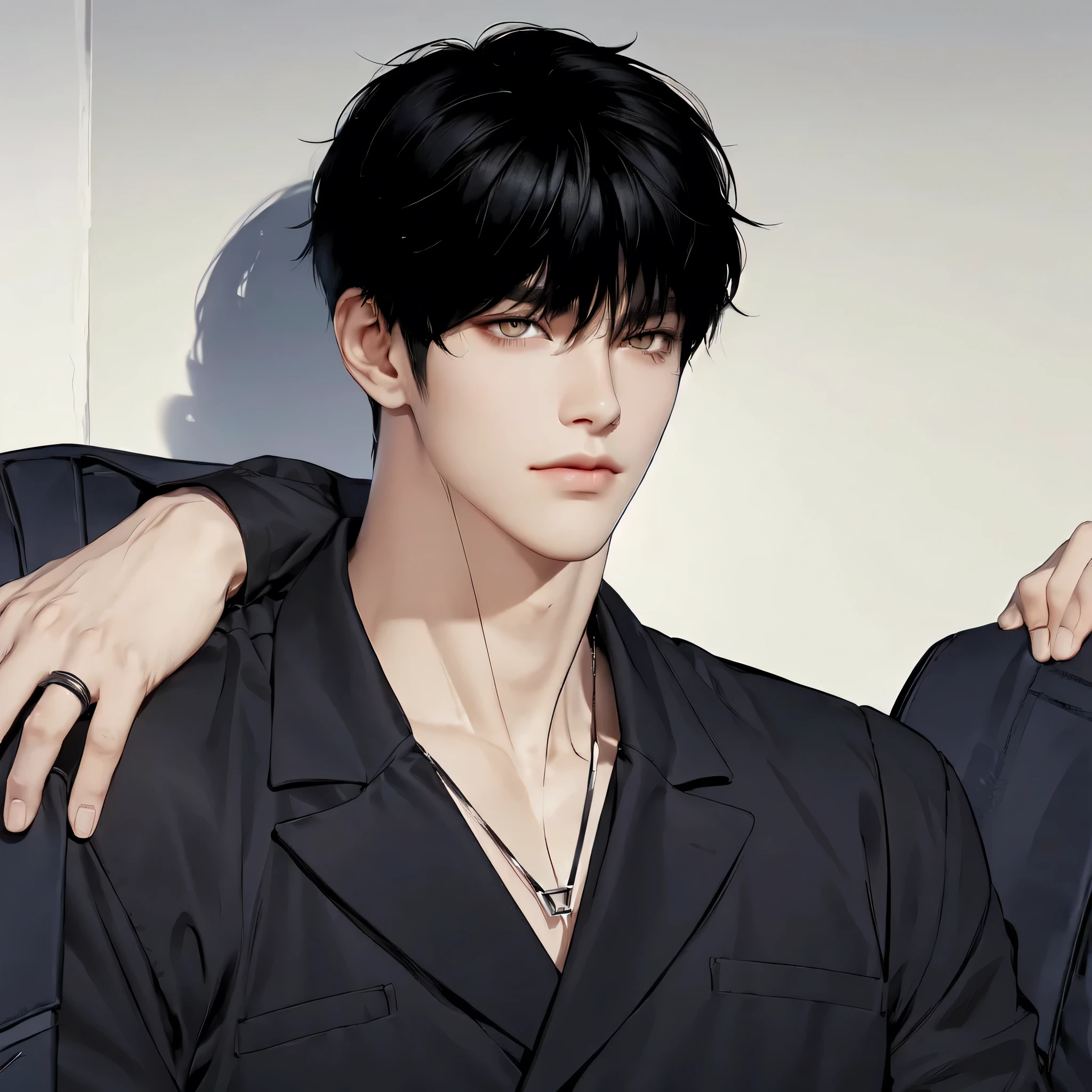 1man, perfect eye, perfect illumination, black hair, yellow eyes, unreal engine, sidelighting, detailed face, bangs, bright skin, simple background, dark background