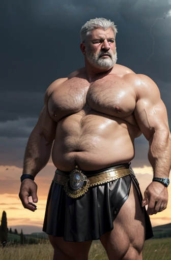 A gray-haired Roman centurion with no shirt A full body obese bodybuilder with a very sweaty body An extremely muscular and extremely fat old man over 70 years old weighing over 600 pounds Very muscular very hairy with large pecs with dark nipples and gynecomastia in a landscape of a Tuscan field with a stormy sky in the rain with a short leather skirt and brass details