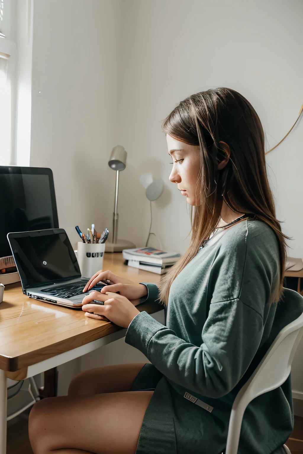 create an image of young lady sitting at a table in her room working with her laptop like a mum doing affiliate maketer at home