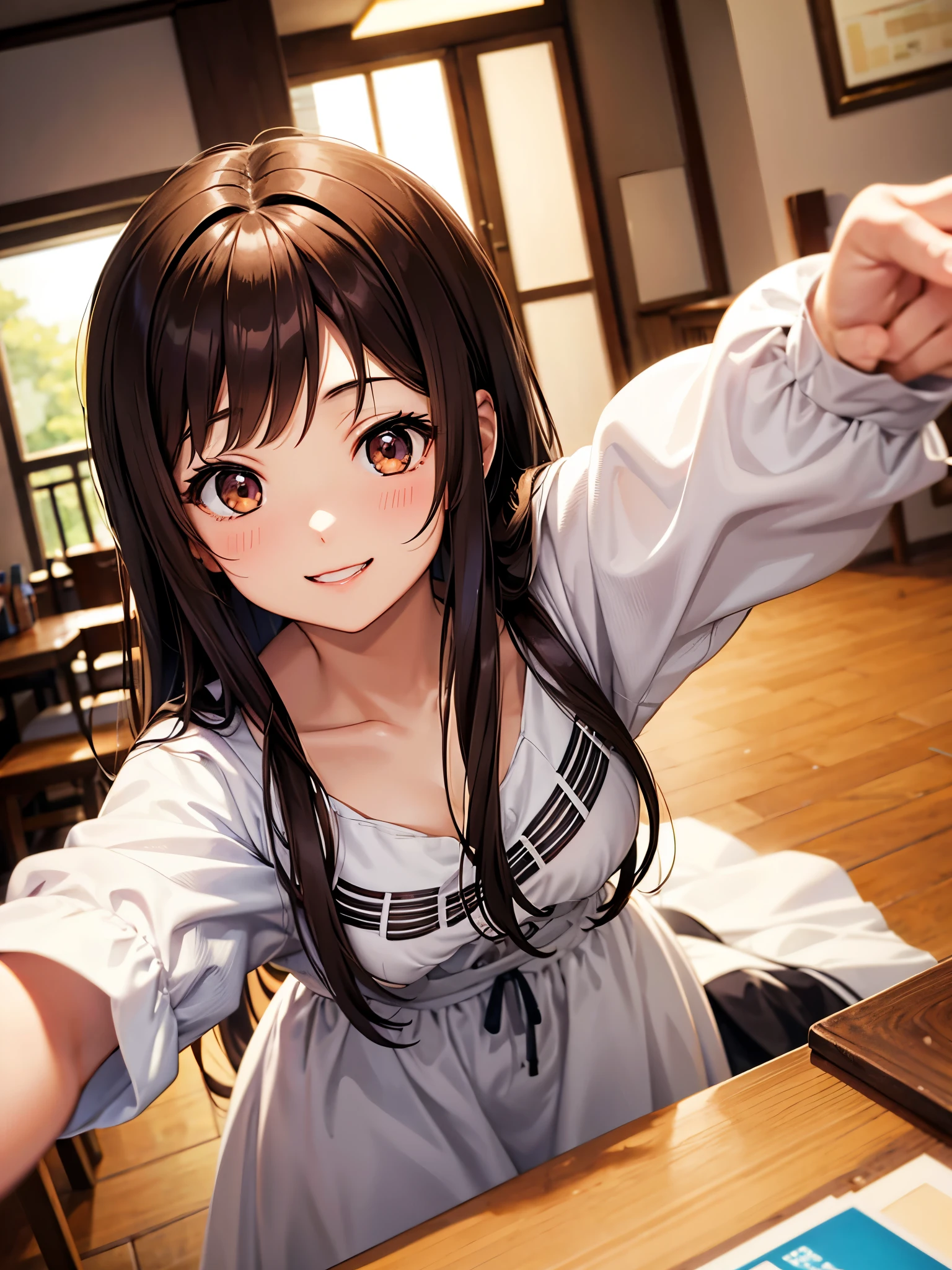 Brown hair. Anime girl. Asian girl. Ulzzang. Brown eyes. Smiling. Dress.