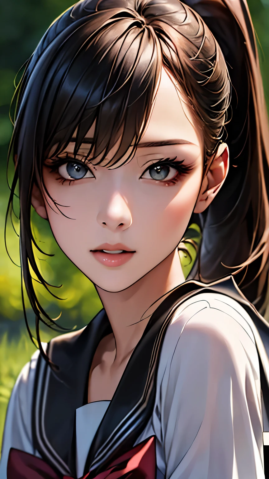 (hig彼st quality、8k、32k、masterpiece)、(Realistic)、(Realistic:1.2)、(High resolution)、Very detailed、Very beautiful face and eyes、1 girl、Delicate body、(hig彼st quality、Attention to detail、Rich skin detail)、(hig彼st quality、8k、Oil paint:1.2)、Very detailed、(Realistic、Realistic:1.37)、Bright colors、Full Body Shot, (schoolgirl:1.6, Sailor suit), ponytail