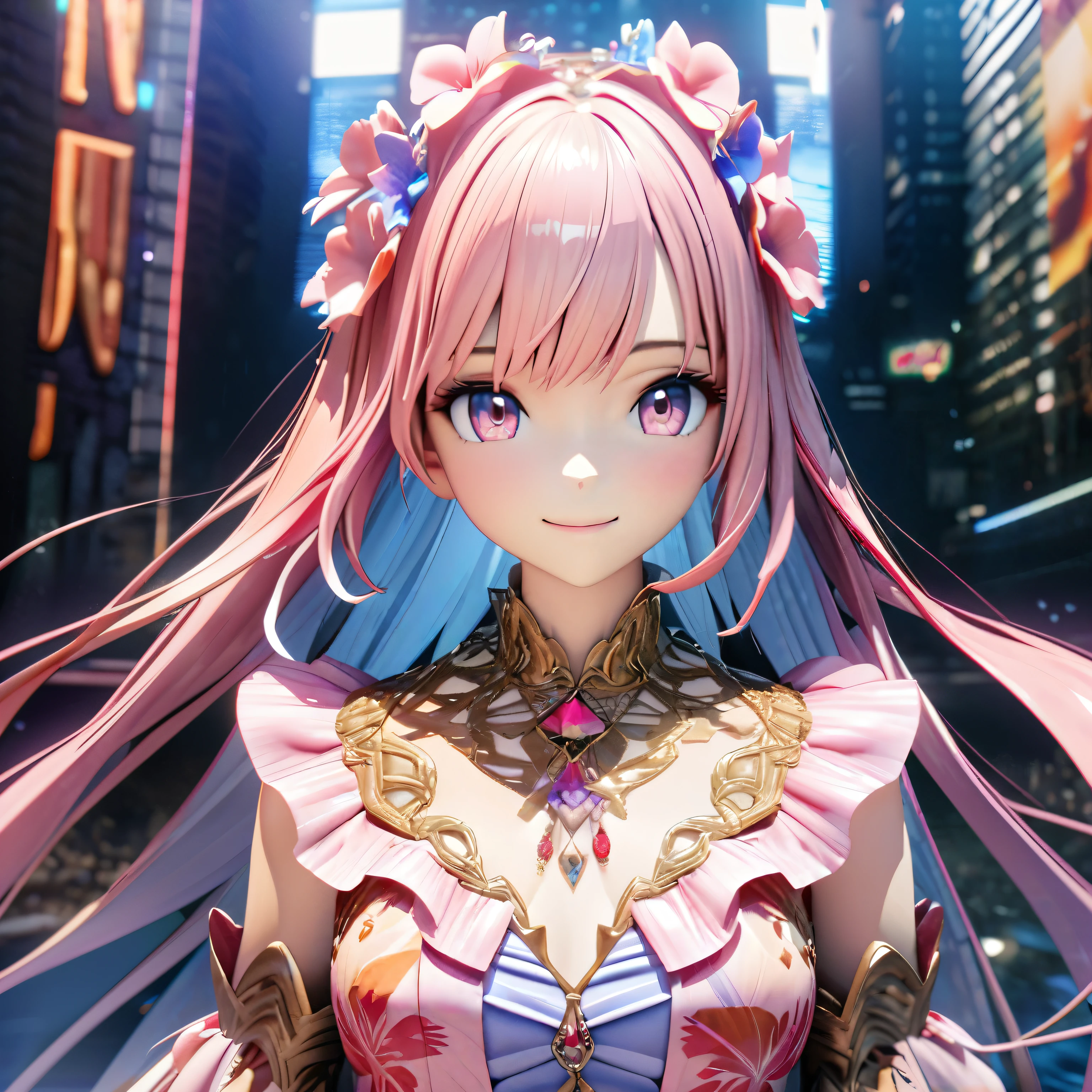 Masterpiece, Best Quality, High Definition, High Resolution, Expensive Resolution, High Definition, 4K, 8k, Unity 8k Wallpaper, High Definition CG, Masterpiece, Real, 2D, 3D, Beautiful Details, Depth, Fine Texture, Super Quality: 1.3 , create an anime-style illustration of a character wearing an elaborate Hawaiian dress decorated with flowers and jewels, with perfect concentration and a bright night beach background. Draw a close-up of the upper body. {{The dress should have multiple layers and a special treatment of ruffles, with gemstones of different colors embedded throughout. }} , The character's pink hair should be long and flowing to complement the intricate design of the dress. The cityscape at night should also be vivid. The streets are lit up in different colors and buzz with lights indicating an active nightlife. Includes light reflections from buildings in the bodies of water in between.With a smile