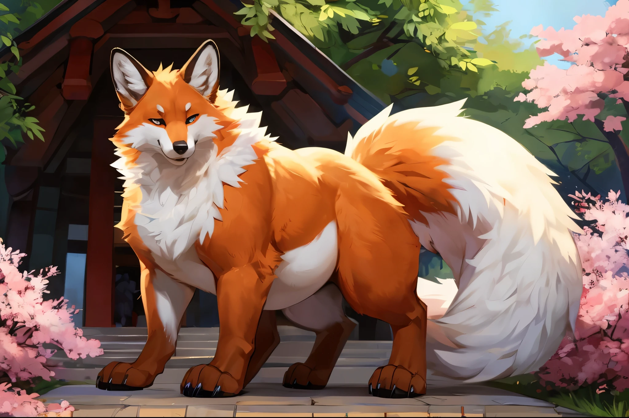 4k ultra quality, 4k full body view,(ultra high detailed body),((feral)) fox,by mystikfox61, by glitter trap boy,feral paws, by bebebebebe,by morethreedee, by seibear,(thick thigh),(chubby thigh),thicc thigh,thick legs,chubby legs,thicc legs,massive butt,enomorous thigh,massive thigh,massive legs,thick lower legs,wide legs,(detailed thigh),(wide thigh),fluffy belly sharp nails,((sfw)),(ultra detailed face),detailed eyes,big tail,fluffy tail,(detailed tail),enomorous tail,bigger tail,huge tail,volumetric light,big paws,(thick paws),fluffy paws,furry paws,enomorous paws,(feral focus), beast,(bigger lower body),(long legs),front view,master works, super fine, 4k resolution, high quality,high picture detail,dark fantasy,illusory engine, Masterpiece,dire fox,faint lighting,in a shrine,sakura,(feral) belly,charming (feral) body,chubby (feral) body,enomorous belly,hyper belly,shiny fur