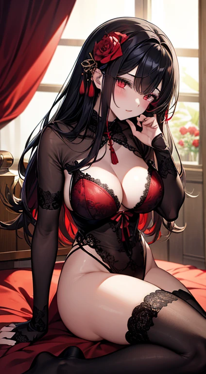 raffed woman in lingerie posing on a bed with a red rose, lingerie, very sexy devil outfit, Red and Black costume!!!, wearing sexy lingerie, laced lingerie, Black and Red, attractive, Fantasy Costume, Black and Red silk clothing, Black and Red only, lingerie!!, silk, Teasing, Red and Black, sexy, sexy :8, tumbler、Surreal Waigi Flowers, Soft Light Misty, Magic Flower, A flower with very long petals, Glowing Flower, Alien Flower, Beautiful images, Shiny delicate flowers, Stunningly beautiful,Higanbana、Amaryllis、a close up of a field of Red flower in a forest, Red flowerが咲く, Light but dark red, A glimpse of red, Red flower, Very red color, Red Forest, bright red, bright red colors, Red flower of different types, bright red and green colours, In the world of red dreams, Red magic surrounds her, Red Iris、 Japanese House, Amazing light reflection, Traditional Japanese colors, Gorgeous composition, Magical colors and atmosphere, Black Hairの、Black Hair、Black Hairの姫カット、Black Hairのロング、hair ornaments、hairpin、Decorate your hair with flowers、Decorate your hair with flowersびら、The most beautiful woman、wonderful、Stylish、Exquisite style、dual、Iris、Seductive eyes、Strand、Strand間