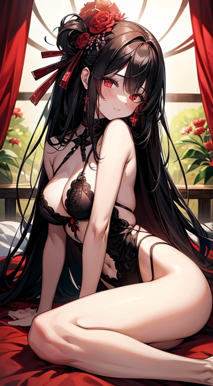 raffed woman in lingerie posing on a bed with a red rose, lingerie, very sexy devil outfit, Red and Black costume!!!, wearing sexy lingerie, laced lingerie, Black and Red, attractive, Fantasy Costume, Black and Red silk clothing, Black and Red only, lingerie!!, silk, Teasing, Red and Black, sexy, sexy :8, tumbler、Surreal Waigi Flowers, Soft Light Misty, Magic Flower, A flower with very long petals, Glowing Flower, Alien Flower, Beautiful images, Shiny delicate flowers, Stunningly beautiful,Higanbana、Amaryllis、a close up of a field of Red flower in a forest, Red flowerが咲く, Light but dark red, A glimpse of red, Red flower, Very red color, Red Forest, bright red, bright red colors, Red flower of different types, bright red and green colours, In the world of red dreams, Red magic surrounds her, Red Iris、 Japanese House, Amazing light reflection, Traditional Japanese colors, Gorgeous composition, Magical colors and atmosphere, Black Hairの、Black Hair、Black Hairの姫カット、Black Hairのロング、hair ornaments、hairpin、Decorate your hair with flowers、Decorate your hair with flowersびら、The most beautiful woman、wonderful、Stylish、Exquisite style、dual、Iris、Seductive eyes、Strand、Strand間