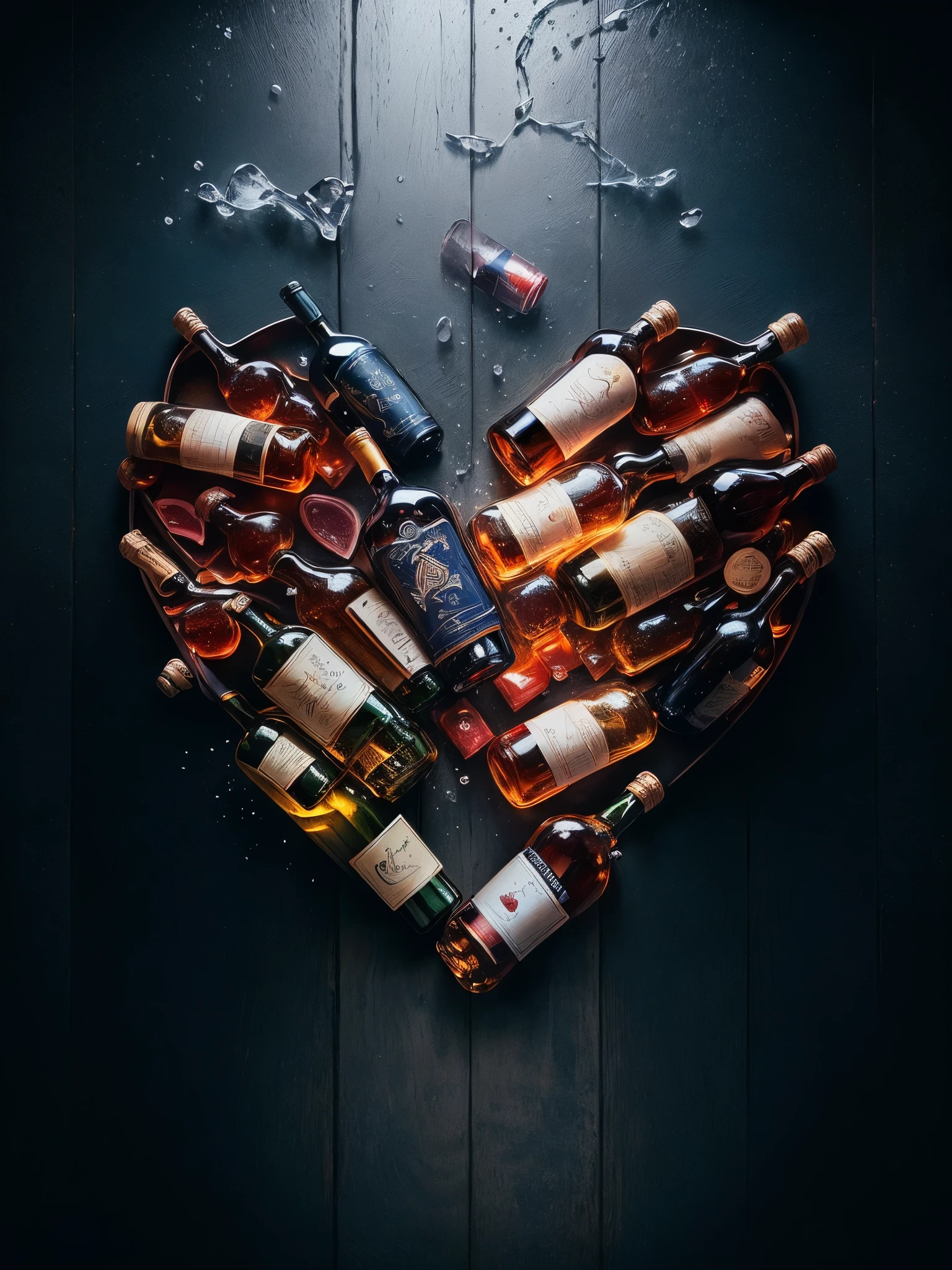 there are many bottles of alcohol arranged in a heart shape, wine, sky high level of alcoholism, drink their hearts, commercial product photography, bottles of alcohol next to him, alcohol, by Jesper Knudsen, booze, Matthias Weischer, with a bottle of wine, on a black background, Made from a beverage, Product photo 35mm"