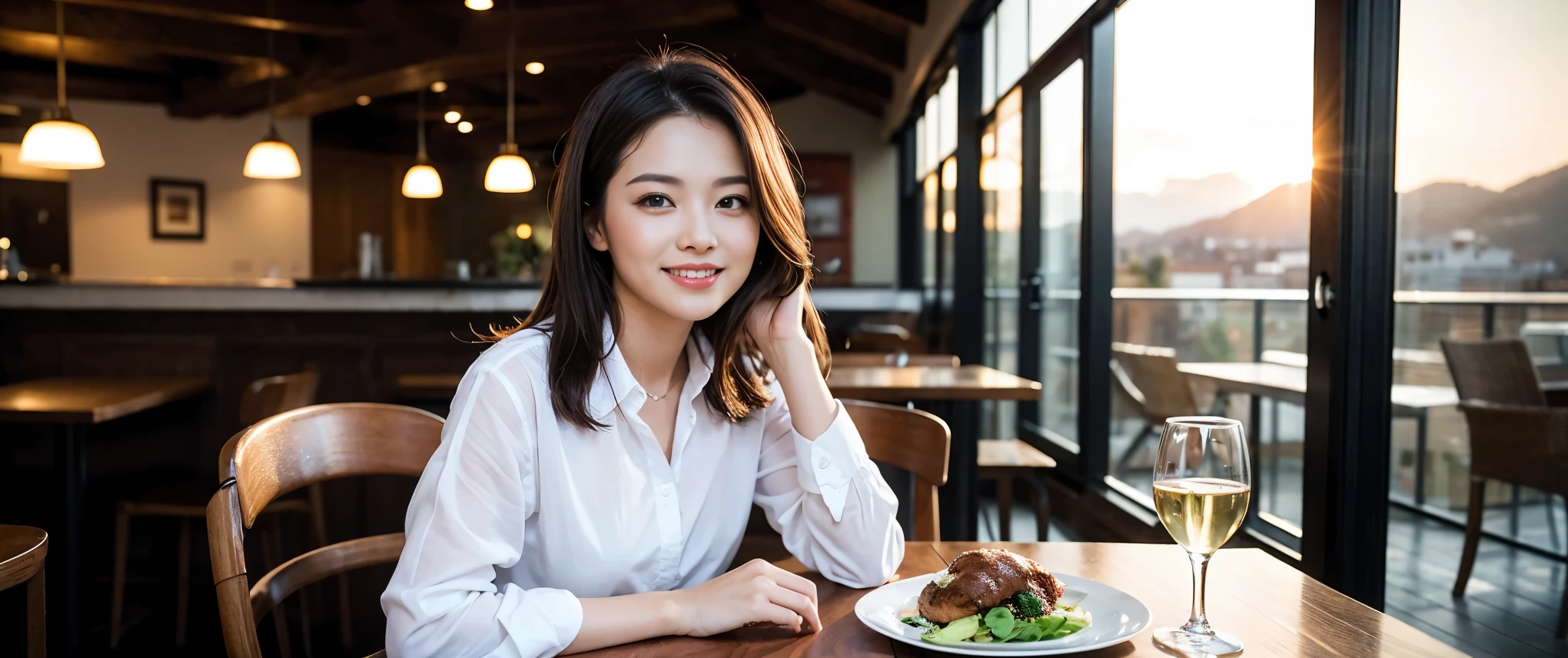 ((highest quality、8k、masterpiece:1.3))、Sharp focus:1.2、Beautiful woman perfect body:1.4、slimなボディ、((Bob Hale、Straight hair:1.2))、(to be born, highest quality, masterpiece:1.5), (Realistic, Intricate details:1.2), Ultra-high resolution, Amazing view of the sunset sky and clouds、Amazing mountain views、ニコニコ明るいsmile、smileの素敵な女性、Bright image、2. The beauty of wine, Beautiful Face, blue eyes, The light shines on your face, Blushing, short hair,Bright Face、Fox face、 (36 years old), 39 years old, Lady、red wine 、Appetizers、Italian food、Wine bottle、Champagne、sparkling wine、Two beauties、Brown Hair、Shortcuts、Long sleeve shirt、dress、Pretty Woman 1, (slimな顔), (The body is slim), (Brown Hair), (Shortcuts), cheeks turn a little red,Attractive beauty、, Out of the window, A beautiful and detailed night view unfolds.........., restaurant, In a prominent place (From the waist up) Nova Frog Style, actress, model, Upper Body, White wine, slim, wine glass, 真ん中に置かれたwine glass, smile, (smile: 1.15), Beautiful fine grain, Depth f/2,saturation, High Contrast, Strong light and shadow,Moist Body:1.5、3D texture、Delicate eyes、Brown Hair、The hair is very shiny、