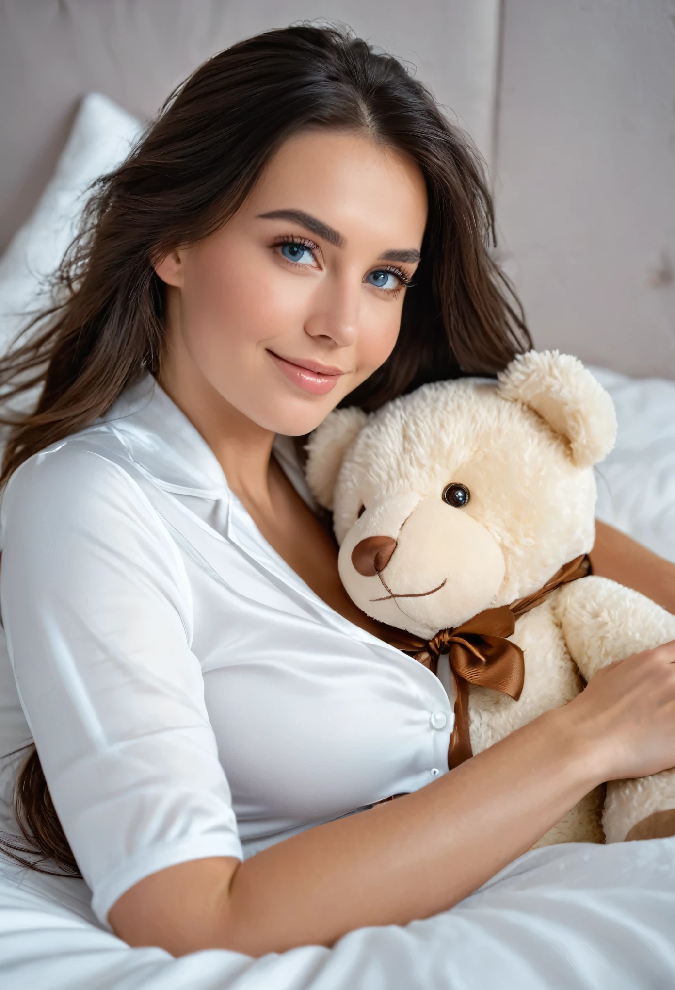 Beautiful brunette wearing white pajamas (lying in bed with a teddy bear), sehr detailiert, Vor 22 Jahren, , , unschuldiges Gesicht, nasse glatte lange Haare, blaue Augen, High resolution, Meisterwerk, nasse haut, highest quality, aufwendige, hochdetaillierte, sehr detailiert, scharfer Fokus, feine Haut, realistisch skin Textur, Textur, beautiful eyes, Fachmann, 4K, sweet smile, Fotografiert mit Canon, 85mm, shallow depth of field, Kodak Vision Farbe, Perfectly fitting body , sehr detailiert, Foto_\(Ultra\), realistisch, realistisch, Nachbearbeitung, Maximale Details, Rauheit, wahres Leben, Ultra realistisch, Fotorealismus, Foto, 8K UHD, Foto, (((small natural breasts))), Full body