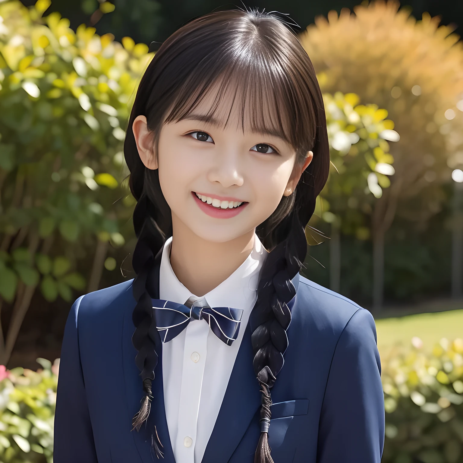 (highest quality、masterpiece:1.2)、highest quality、Realistic、photograph、High resolution、1080p、8K、Physical Rendering、((Height: 158cm)), ((one Japanese girl)), ((((A fairy in the form of a 15-year-old beautiful Japanese magazine fashion model is looking at the viewer.)))), ((((laughing at me!)))), detailed fingers, (((curled blunt bangs))), (((((Very large, cute droopy eyes, carefully and delicately drawn down to the last detail.))))), ((double eyelids)), (((long eyelashes))), ((cute lovely laughing cheeks)), ((The pure white light hits my nose and cheeks.、Her eyes and white facial skin shine beautifully white.)), ((((Her facial features are very expressive lovely smile, very sweet, very sweet)))), (((black very beautiful and very long braids))), (((She is wearing a neat junior high  with a navy blue pleated skirt, navy blue blazer, and red ribbon.))), ((The skirt is very neat)) , (((An elegant and gentle expression like a noble princess))), ((White fractal geometric pattern background))